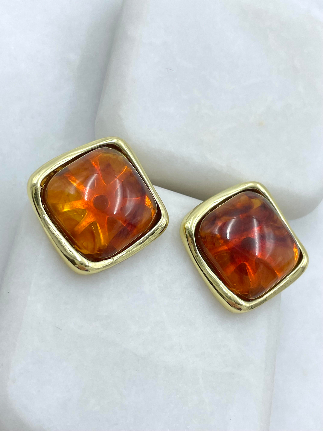 Altın Kaplama Gold Detaylı Kare Kehribar Küpe Gold