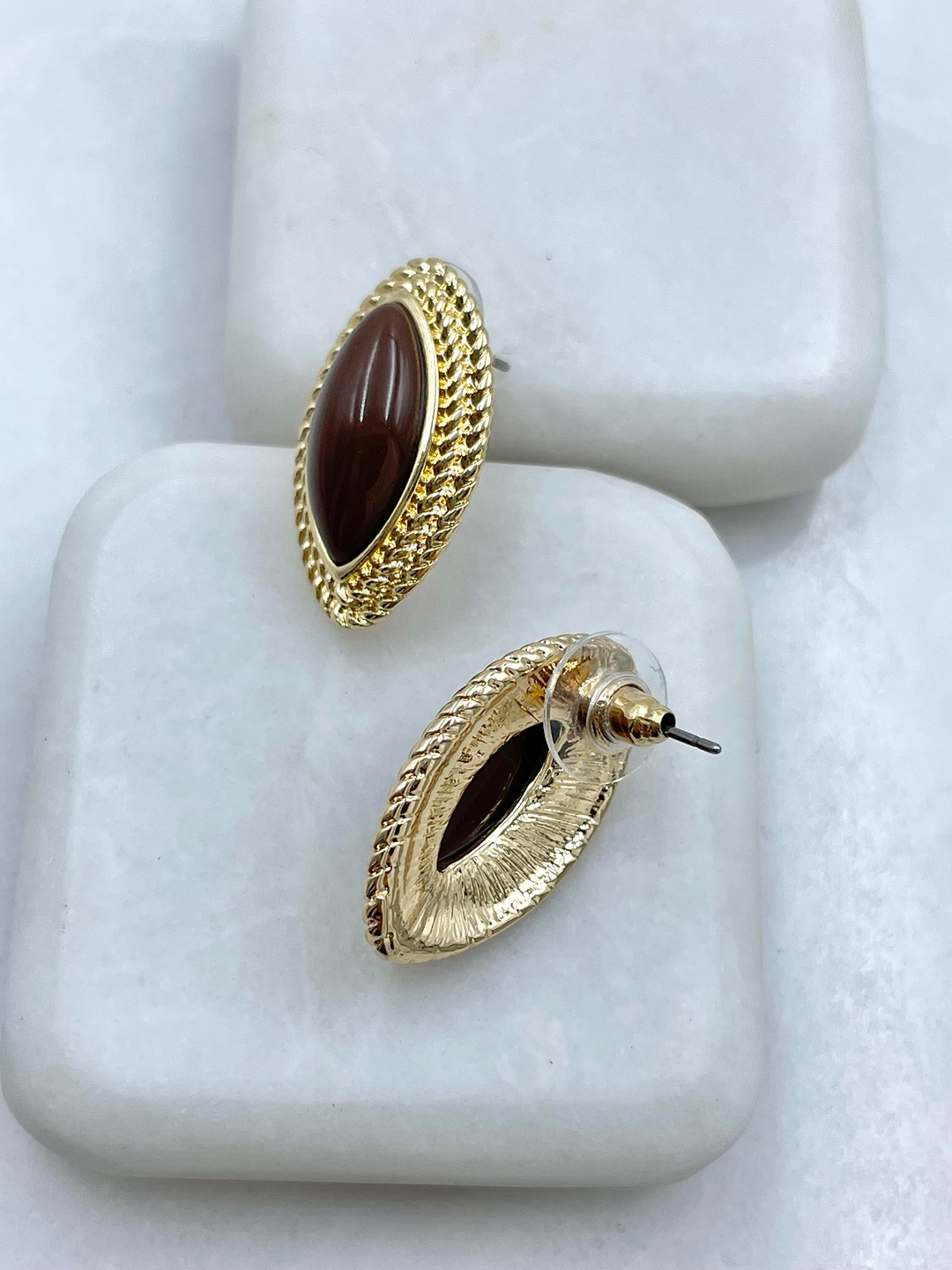 Altın Kaplama Çift Sıra Gold Burgu Detaylı Küçük Vintage Küpe Kahve