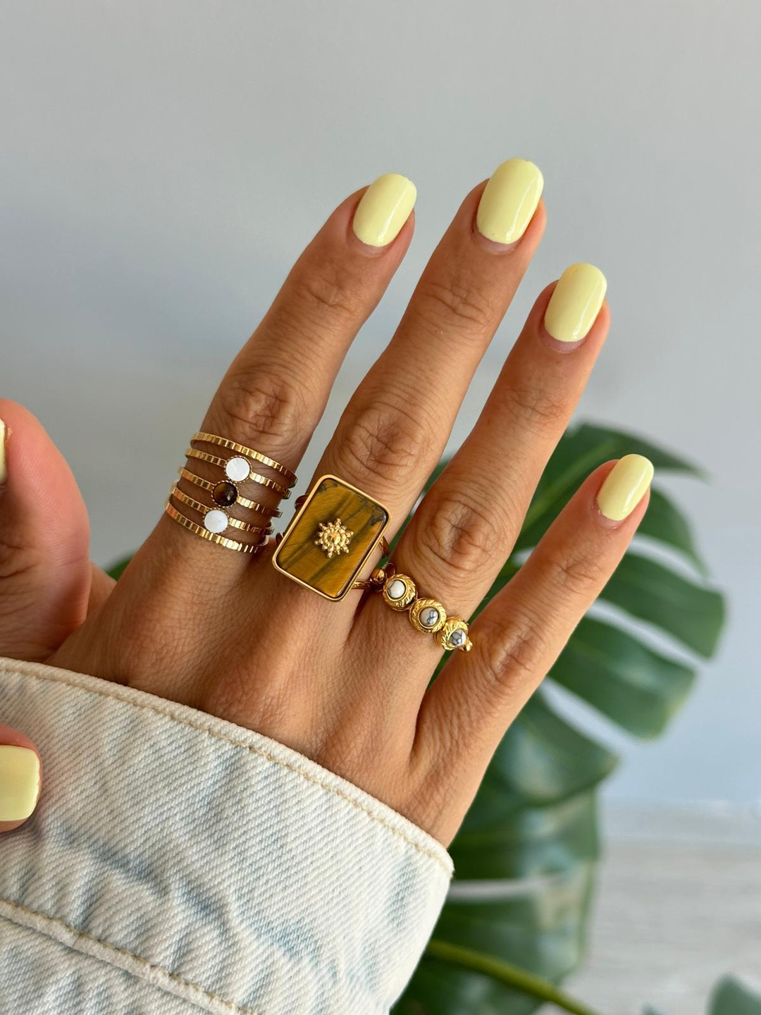 Çelik Üçlü Doğal Taşlı Yüzük Gri