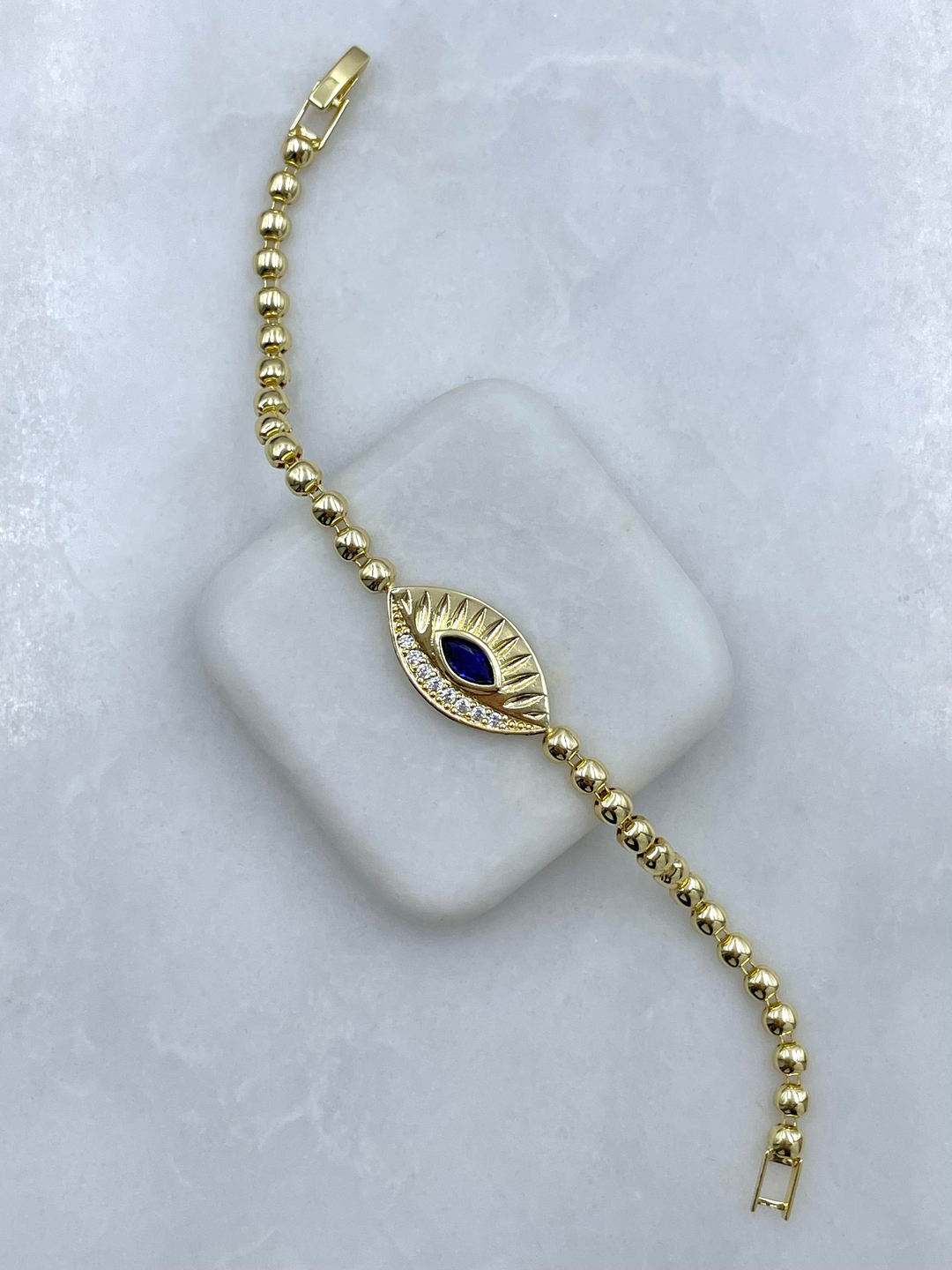Altın Kaplama Lacivert Kristal Taşlı Göz Model Bileklik Gold