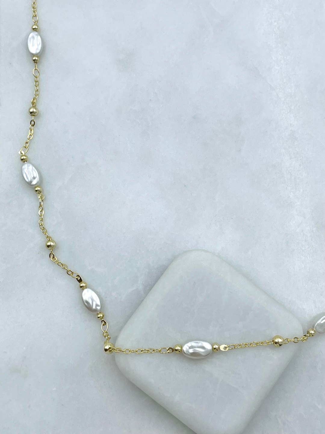 Altın Kaplama Yassı İncili Zincir Kolye 90 cm Gold