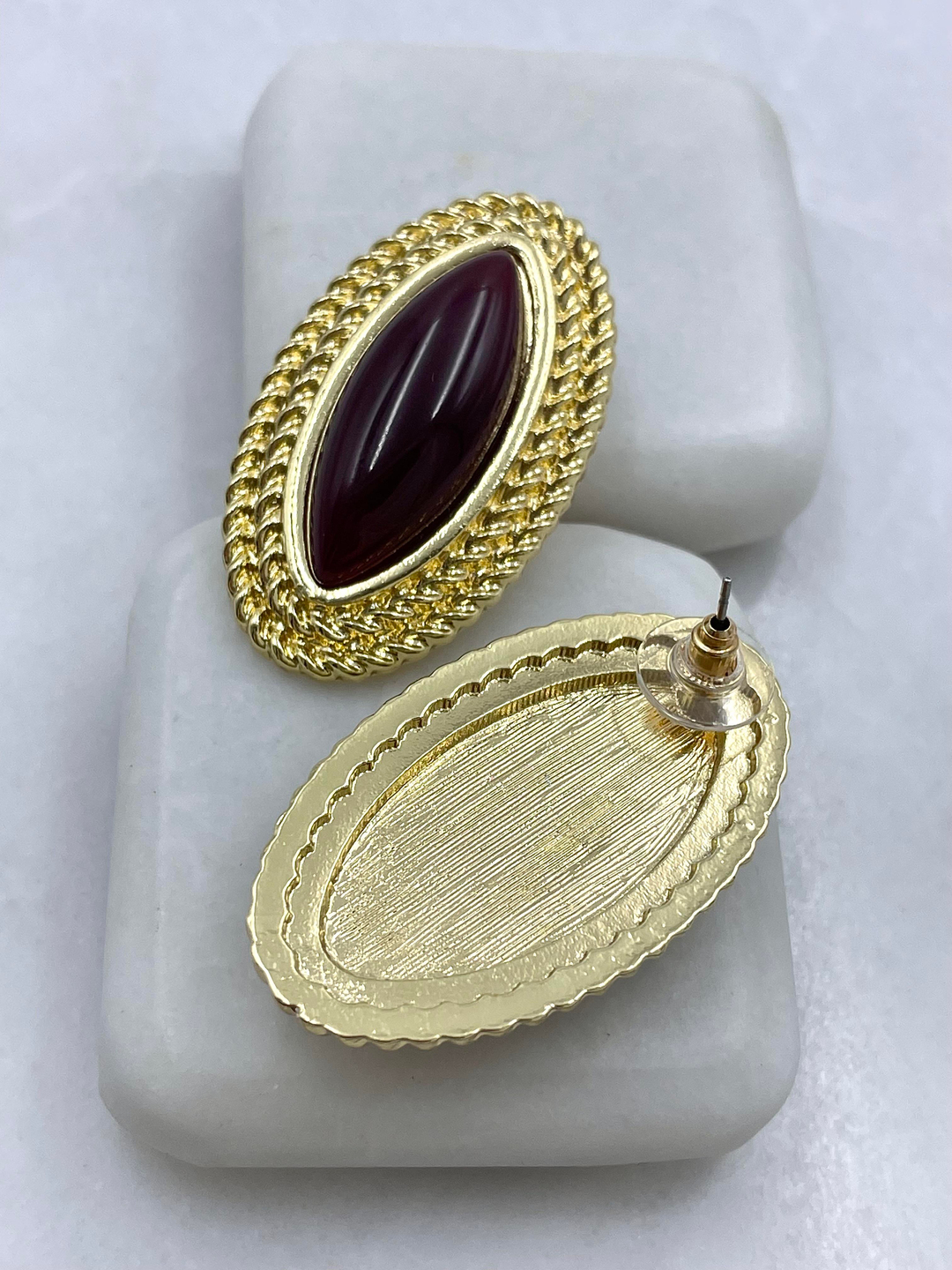 Altın Kaplama Çift Sıra Gold Burgu Detaylı Vintage Küpe Bordo