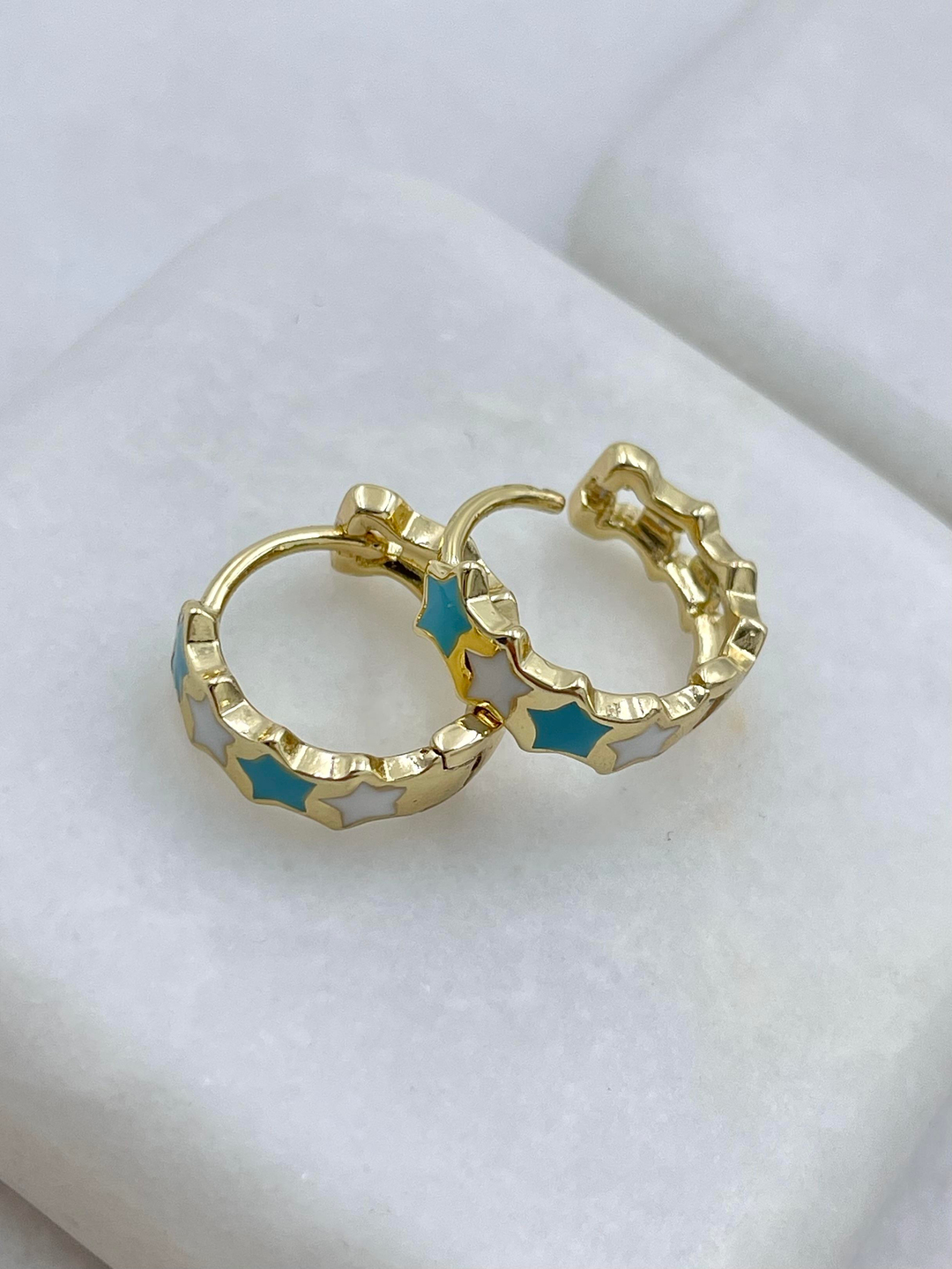 Özel Seri Beyaz ve Turkuaz Mineli Yıldız Halka Küpe Gold