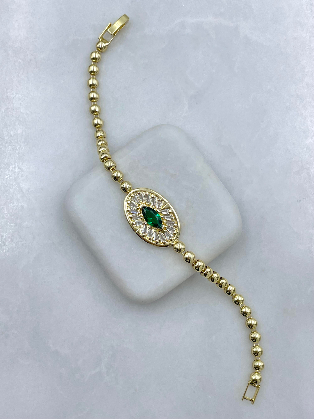 Altın Kaplama Yeşil Kristal Taşlı Daire Model Bileklik Gold