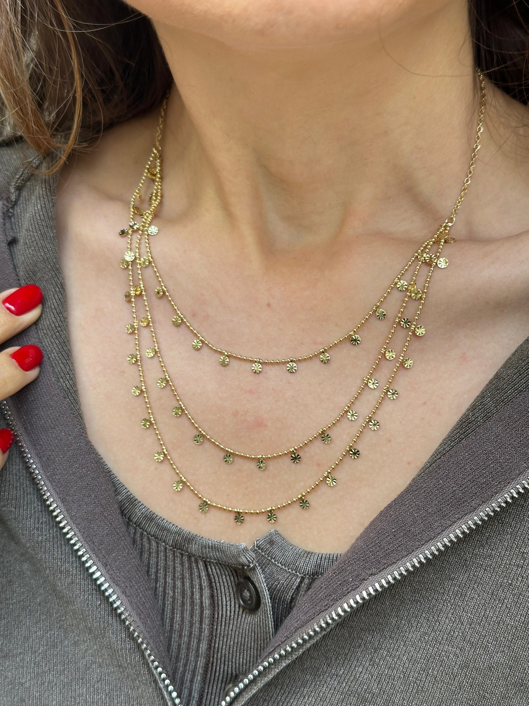 Altın Kaplama Üç Sıra Pul Sallantılı Topçuk Zincir Kolye Gold