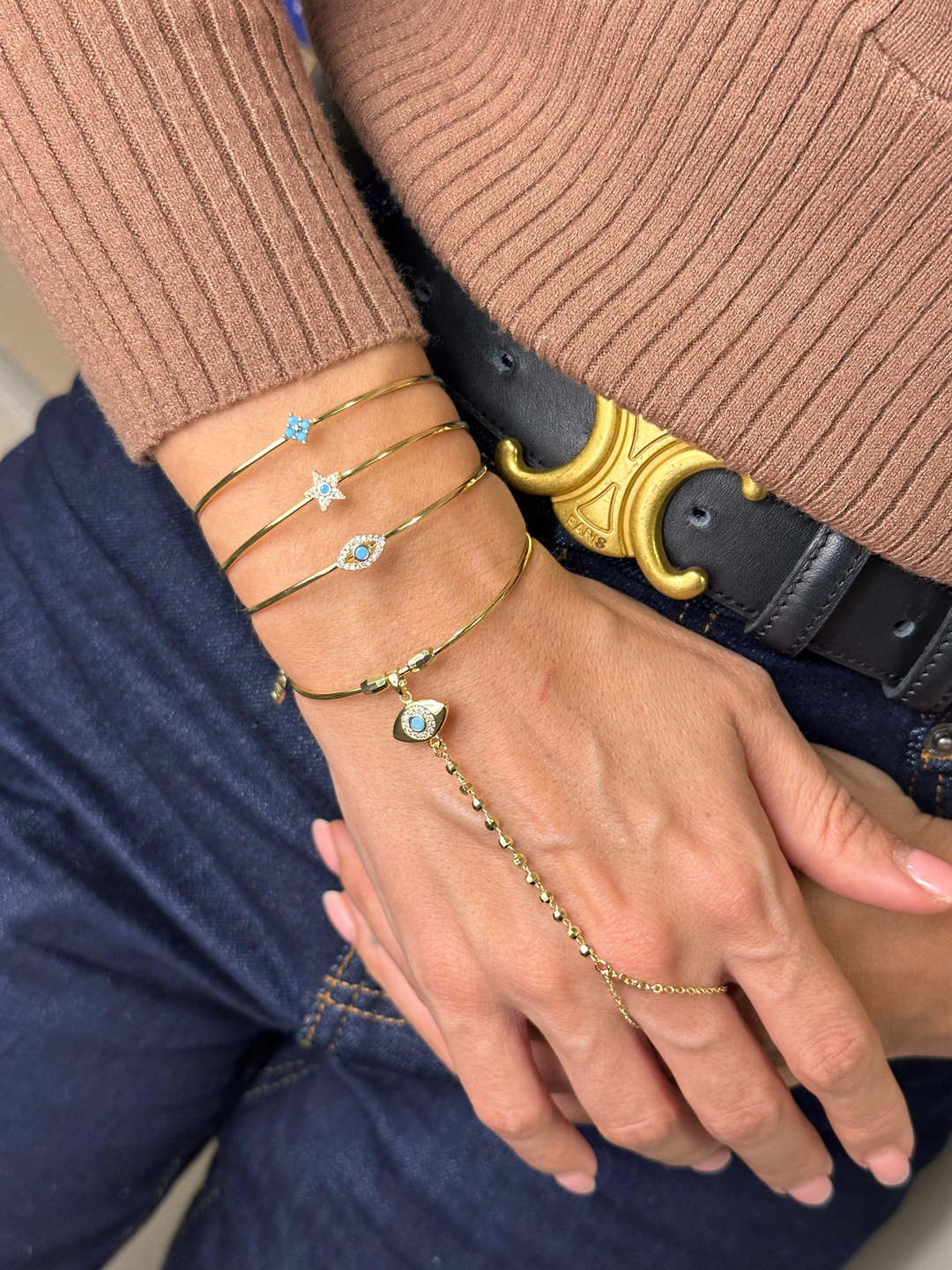 Altın Kaplama Mavi Taşlı Yıldız Model Kelepçe Bileklik Gold