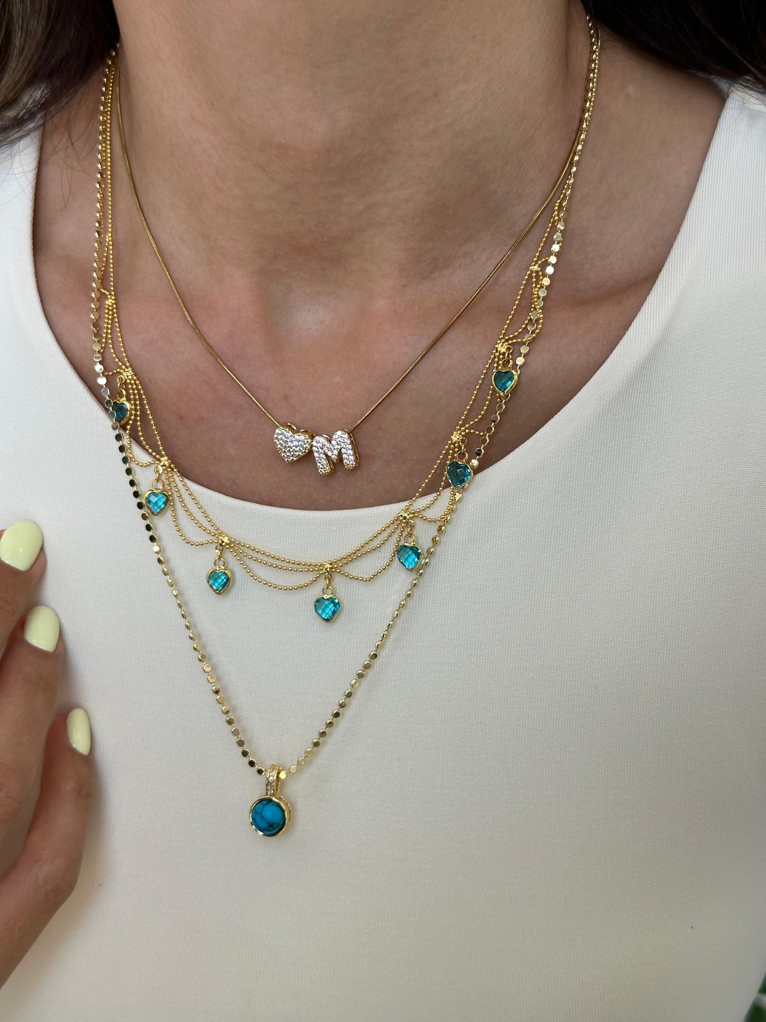 Altın Kaplama Kalp Sallantılı Topçuk Zincir Kolye Mavi