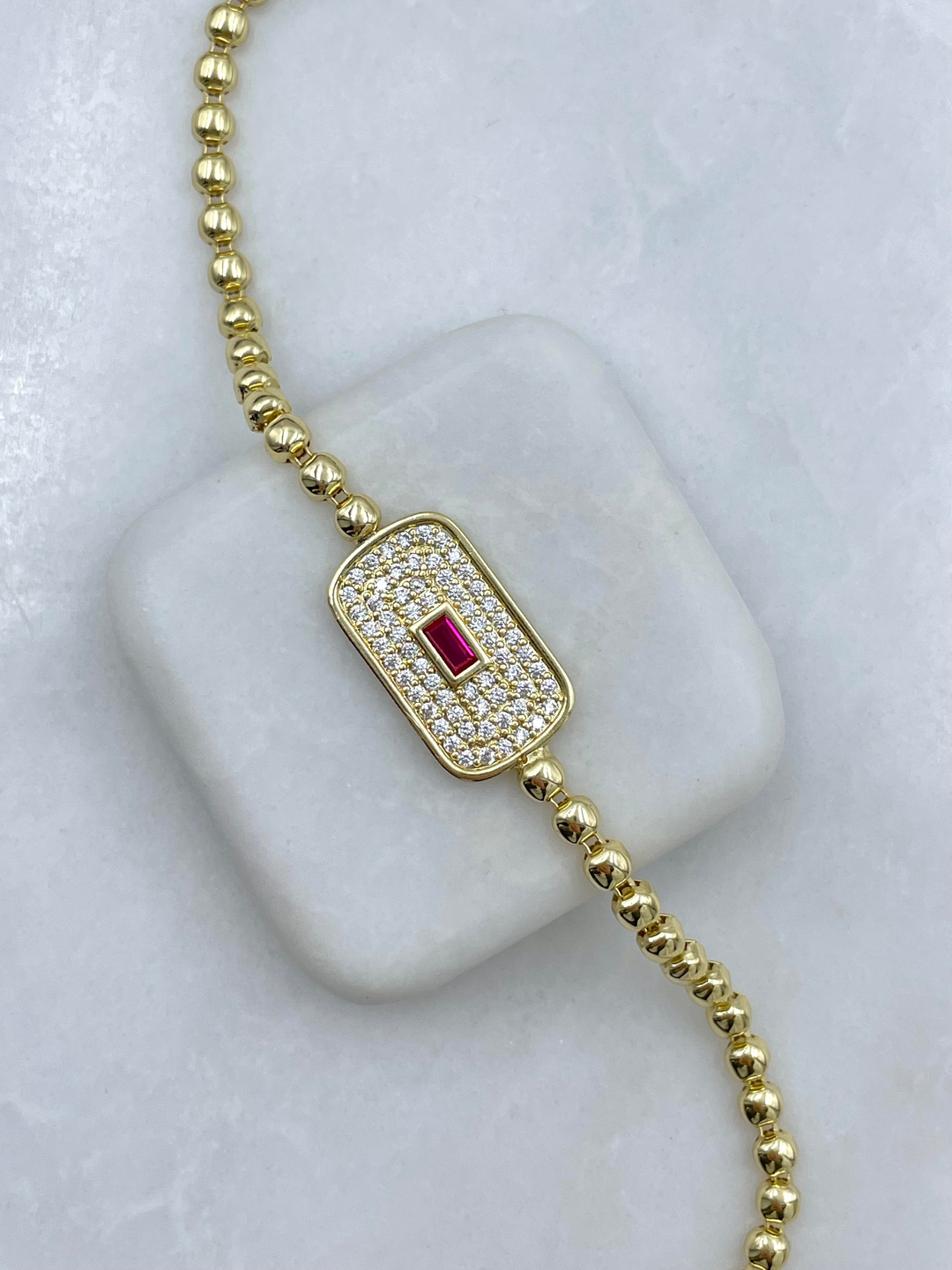 Altın Kaplama Kırmızı Kristal Taşlı Dikdörtgen Model Bileklik Gold