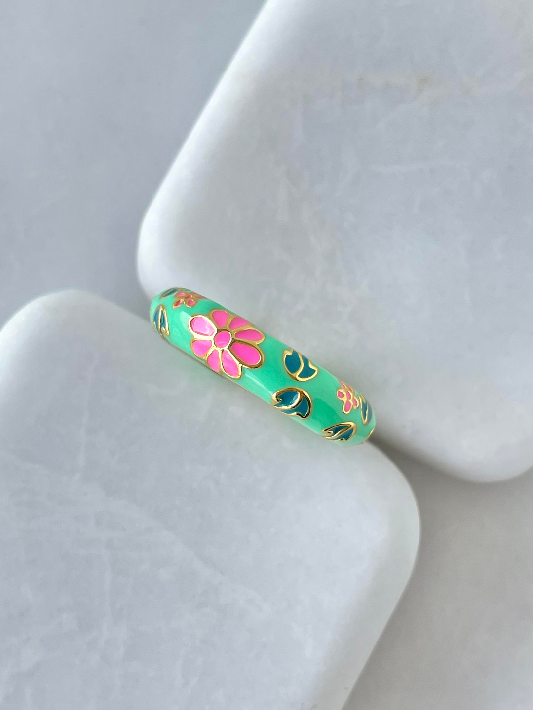 Altın Kaplama Renkli Mineli Çiçek Model Yüzük Turkuaz Renk