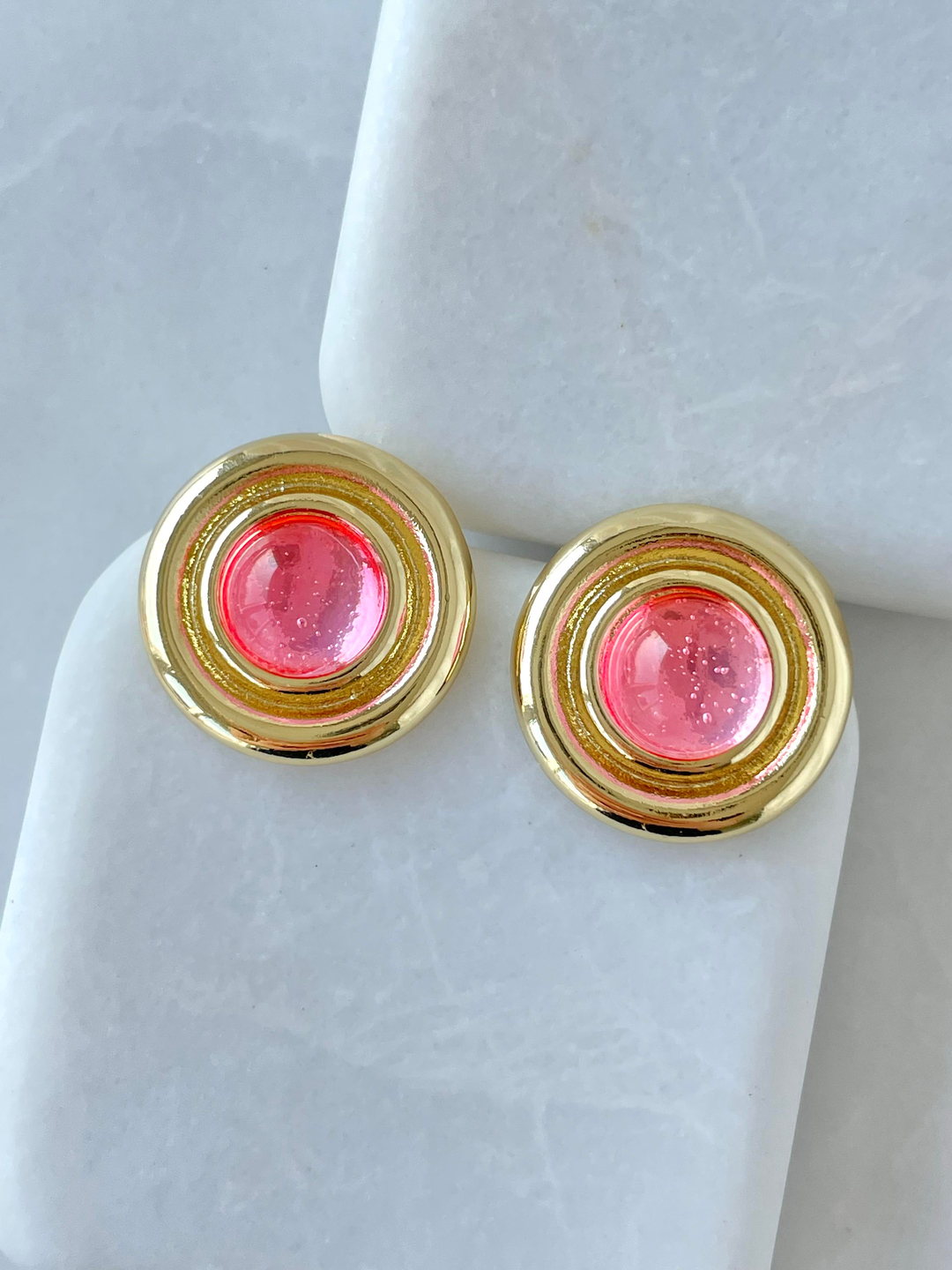 Altın Kaplama Parlak Taşlı Daire Küpe Pembe