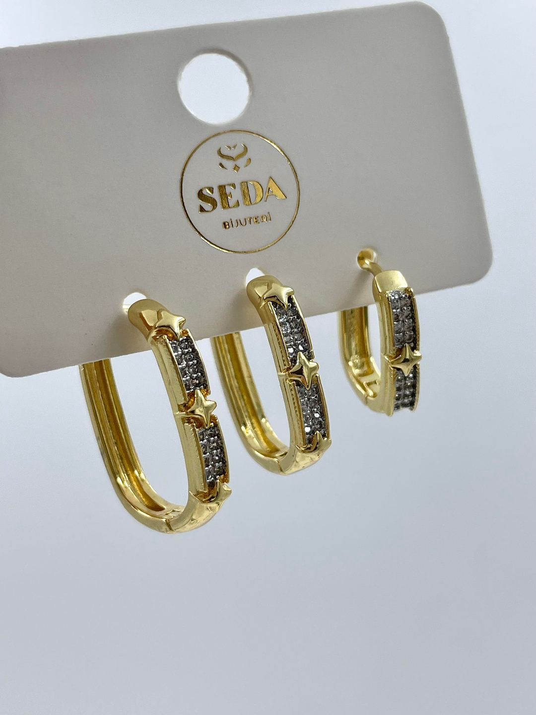 Altın Kaplama Üçlü Çift Renk Dikdörtgen Set Küpe Gold