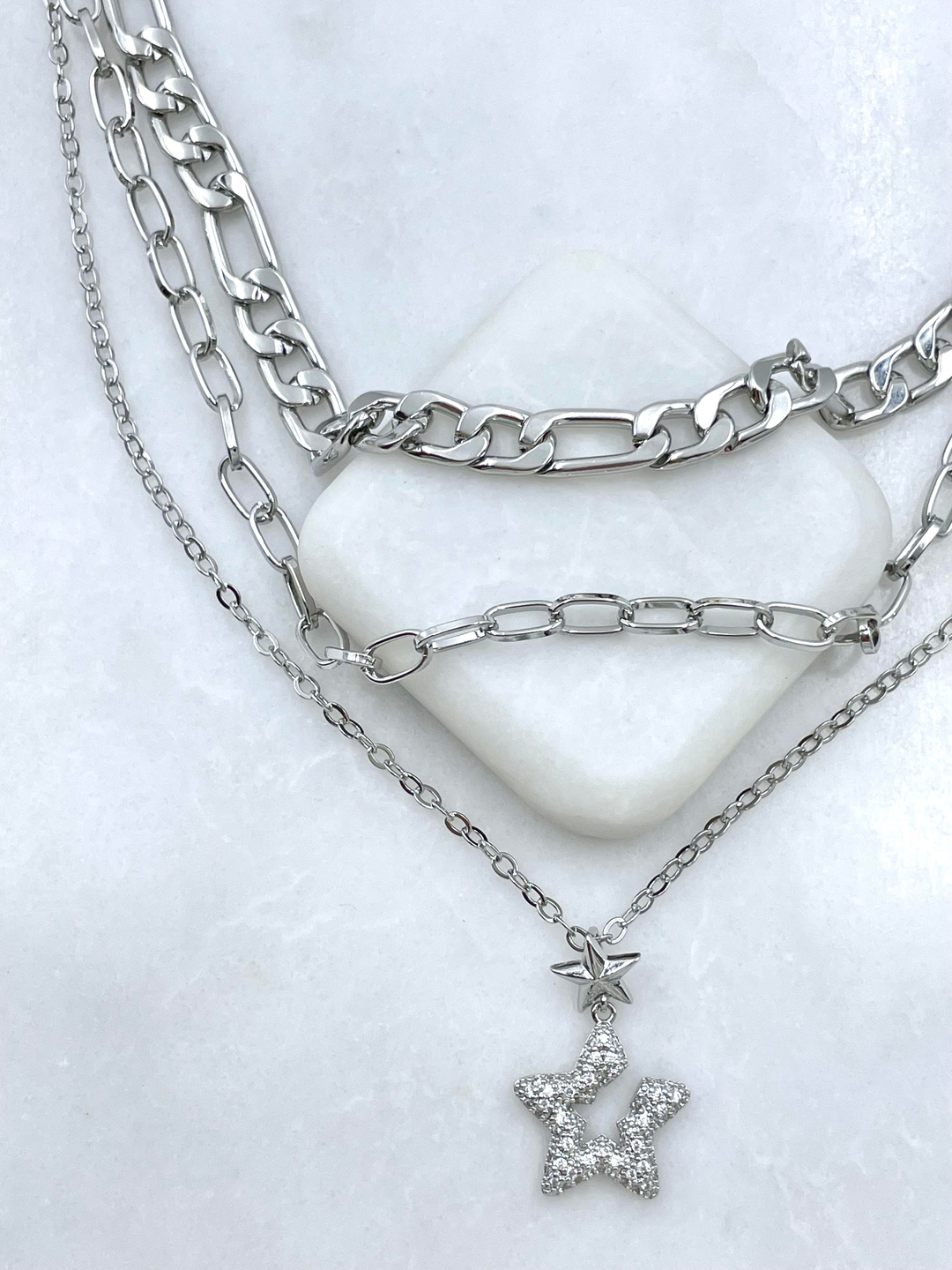 Altın Kaplama Yıldız Sallantılı Üçlü Zincir Kolye Gümüş