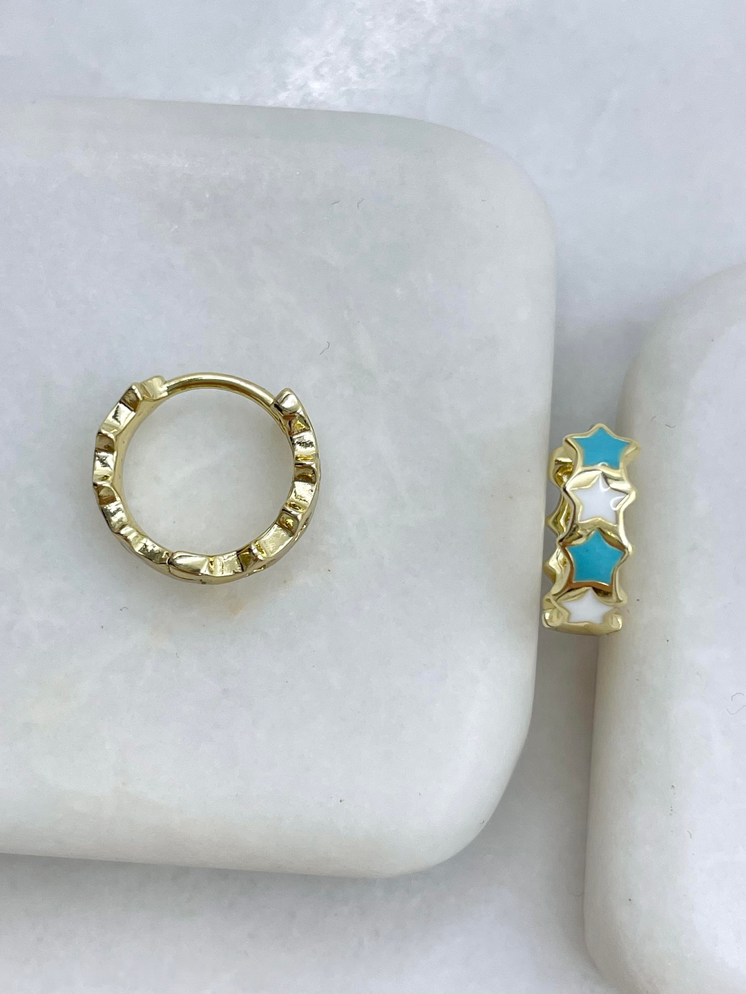 Özel Seri Beyaz ve Turkuaz Mineli Yıldız Halka Küpe Gold