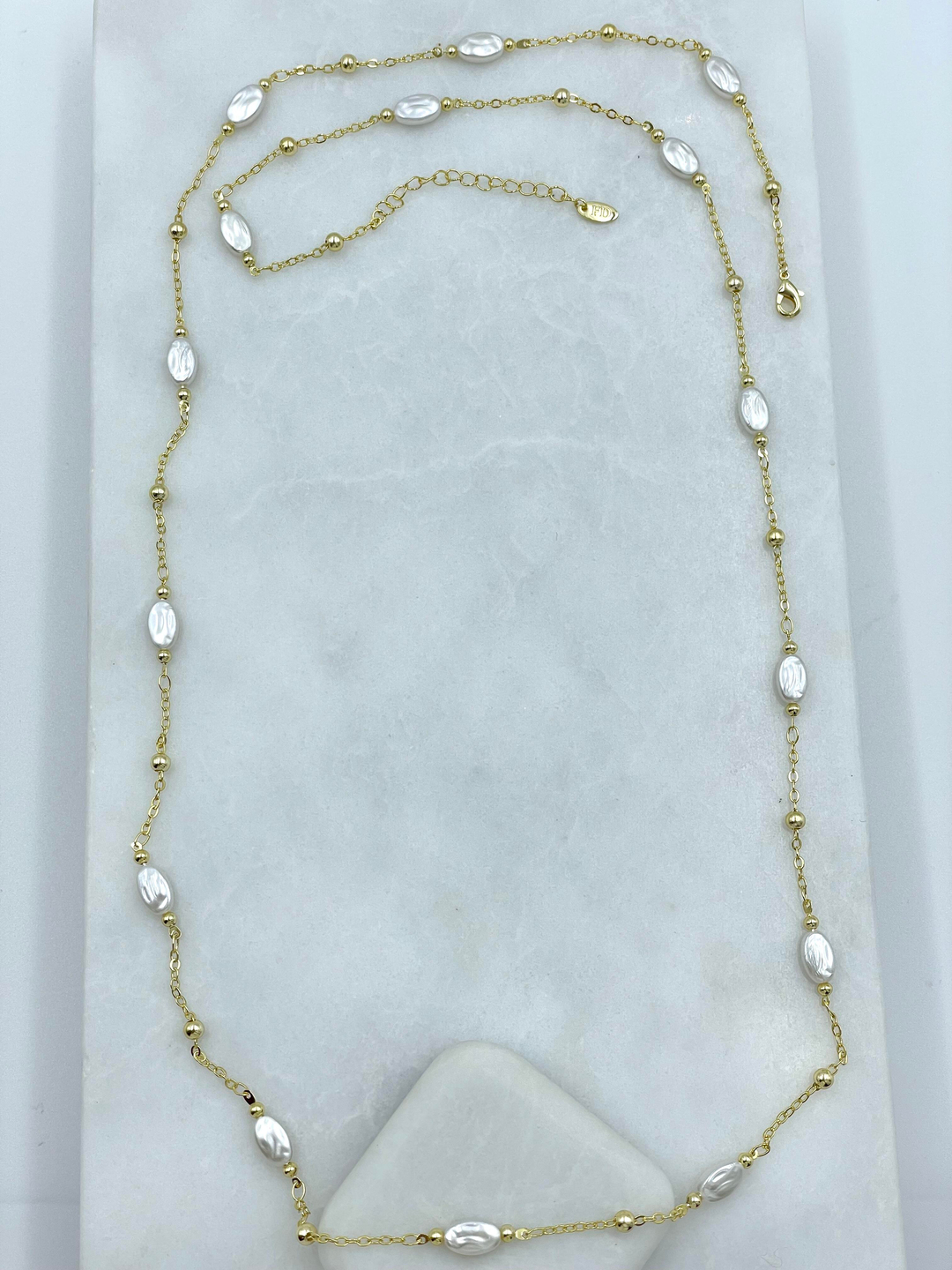 Altın Kaplama Yassı İncili Zincir Kolye 90 cm Gold