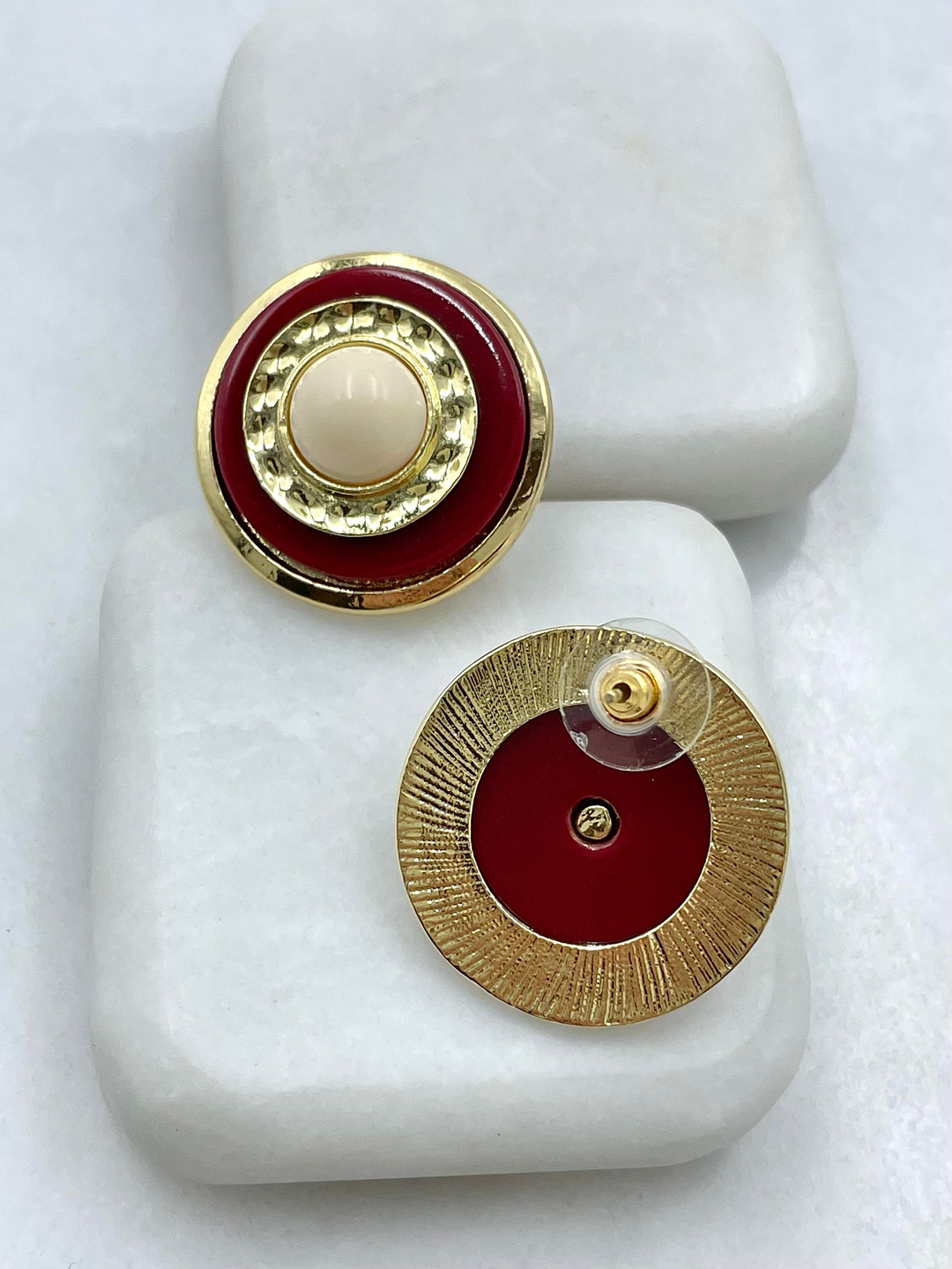 Altın Kaplama Gold Detaylı Daire Vintage Küpe Bordo