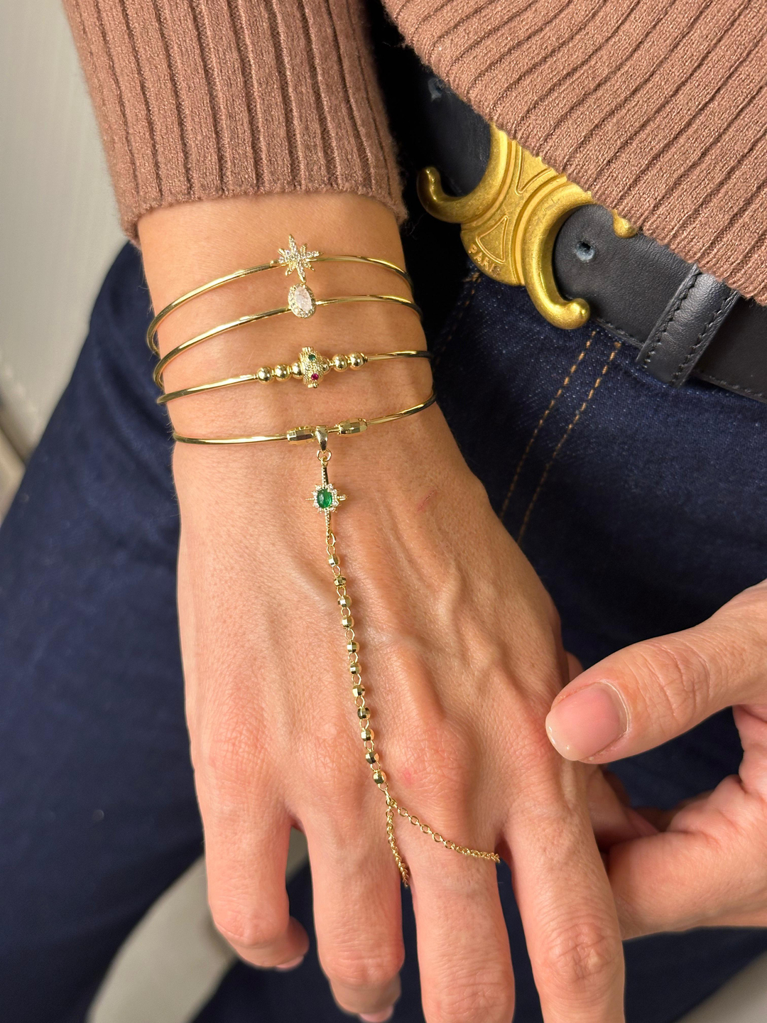 Altın Kaplama Renkli Taşlı Minimal Kelepçe Bileklik Gold