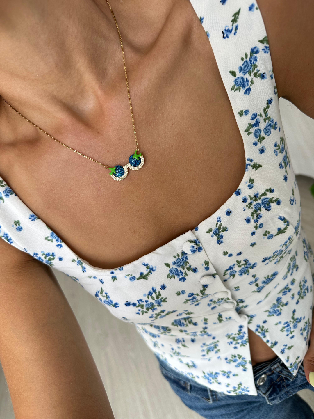 Çelik Işıltılı Mineli Gözlük Kolye Yeşil Gold