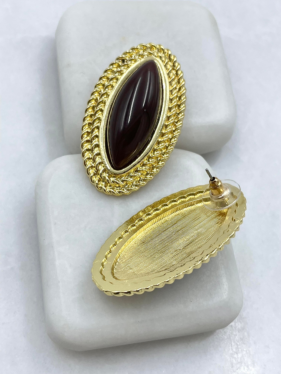 Altın Kaplama Çift Sıra Gold Burgu Detaylı Vintage Küpe Kahve