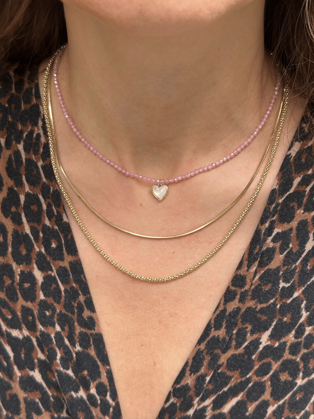 Özel Seri Sedefli Kalp Sallantılı Kristal Boncuk Kolye Gold