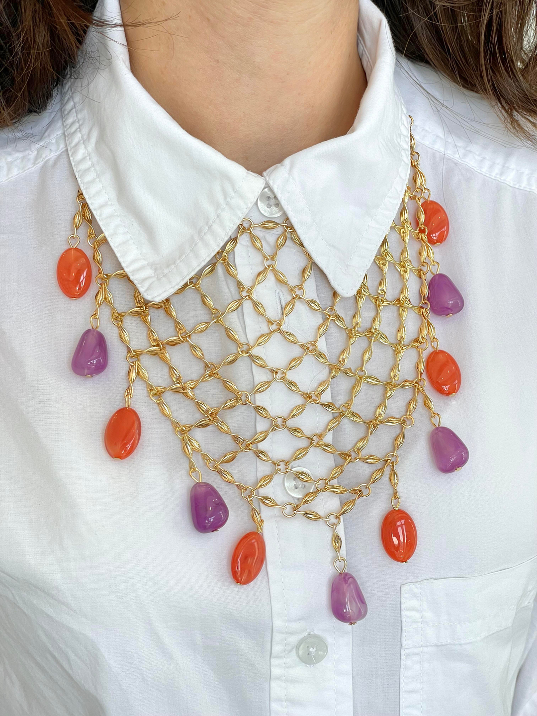 Altın Kaplama Renkli Boncuklu Örgü Zincir Kolye Gold