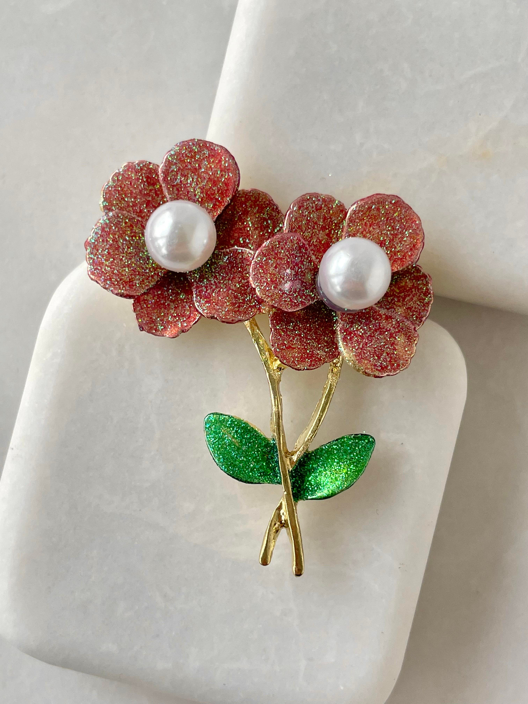 Simli İncili Çiçek Broş Lila