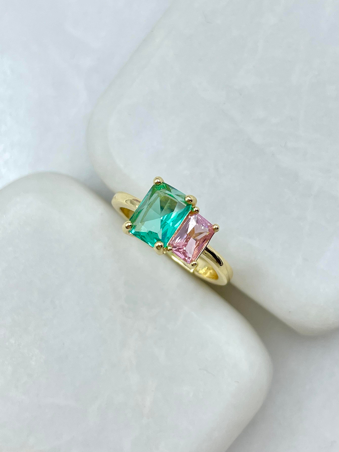 Altın Kaplama Pembe Kare Kristal Taşlı Yüzük Yeşil-Gold