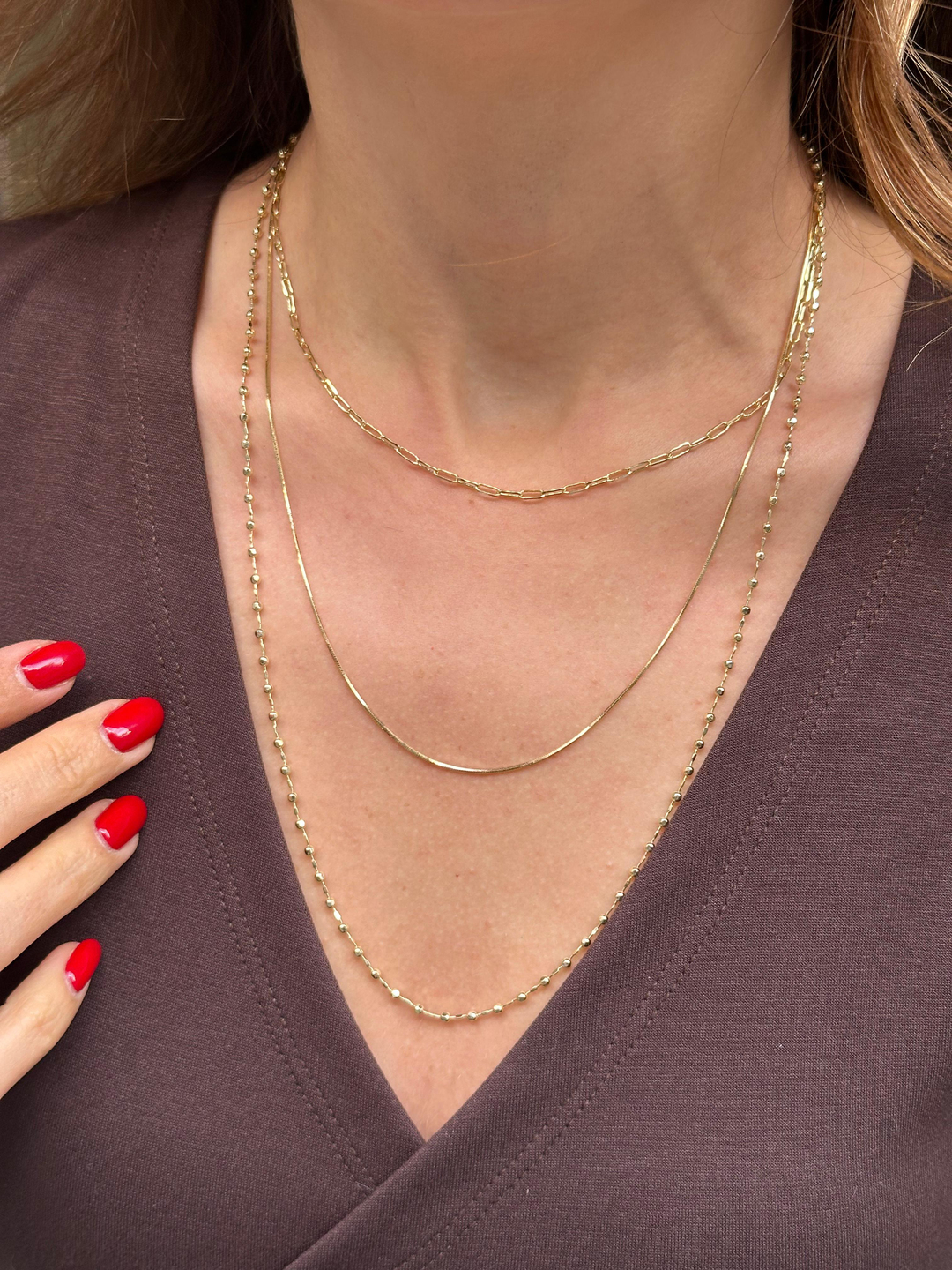 Altın Kaplama Topçuk ve Ataç Zincir Üçlü Kolye Gold