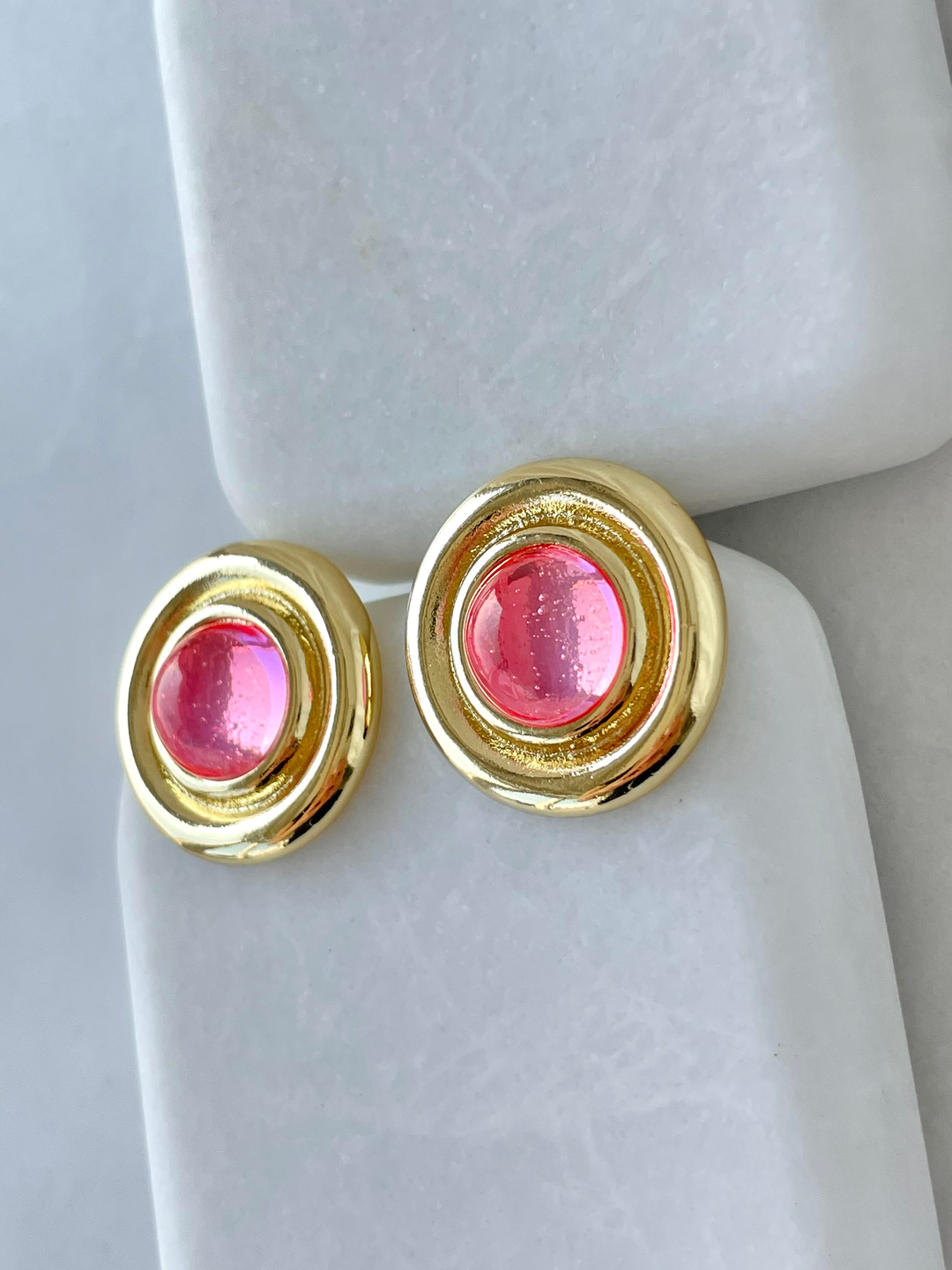 Altın Kaplama Parlak Taşlı Daire Küpe Pembe