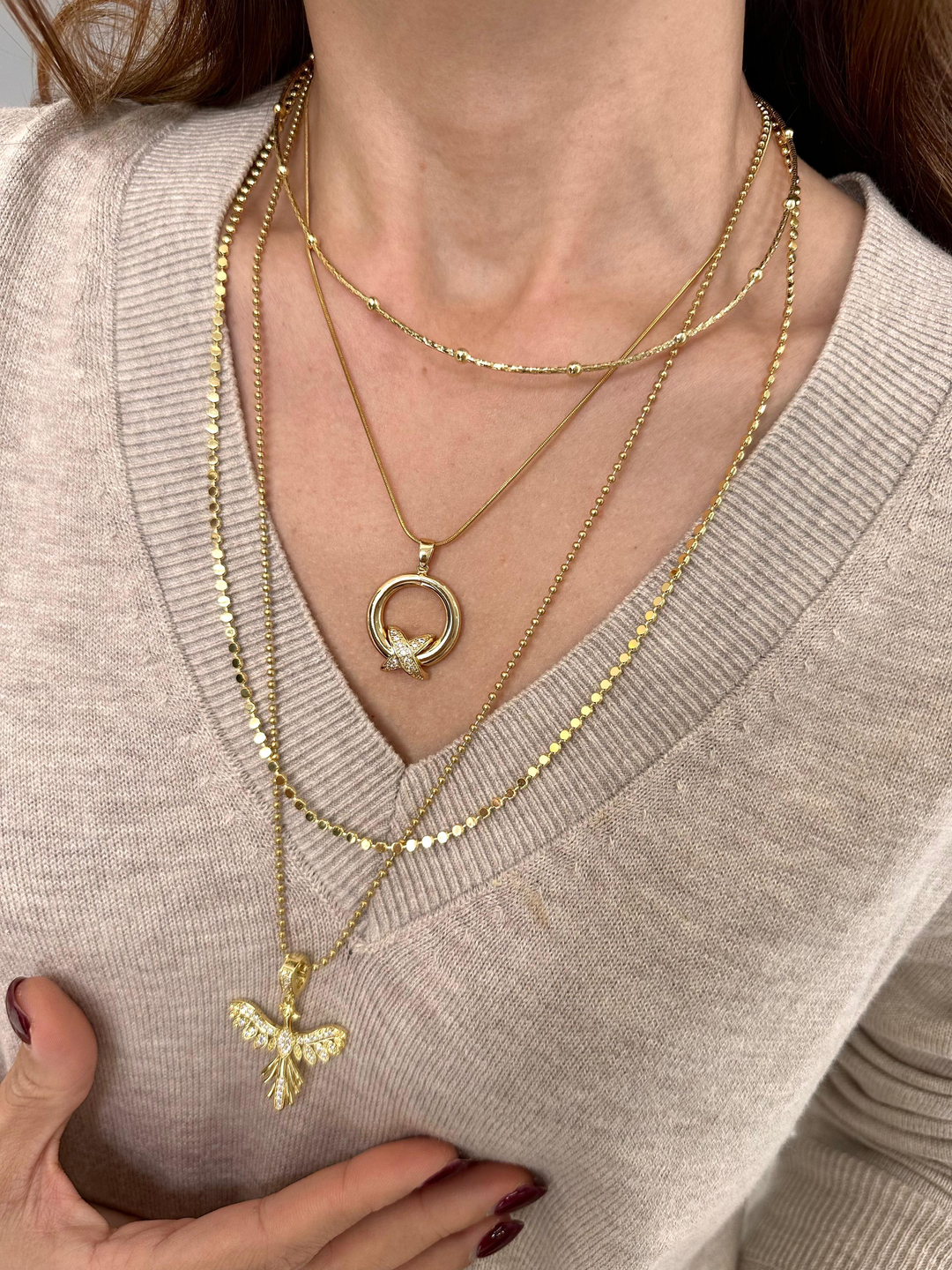 Çelik Gömme Taşlı X Model Halka Kolye Gold