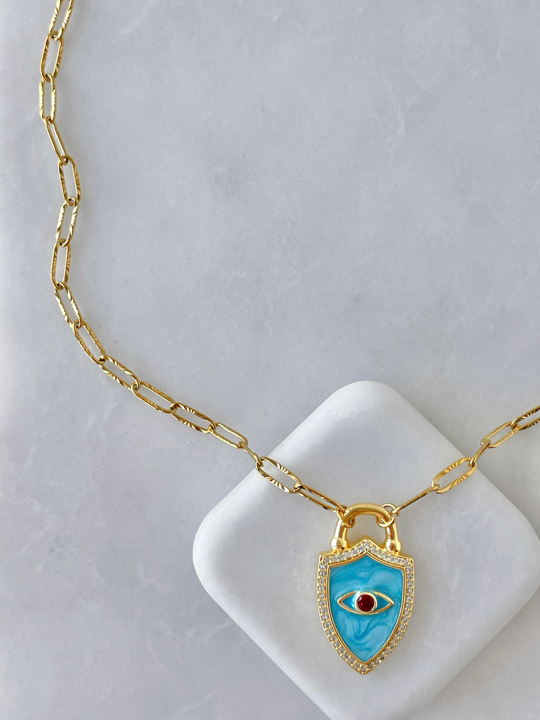 Çelik Mavi Mineli Lazer Kesim Zincir Kolye Gold