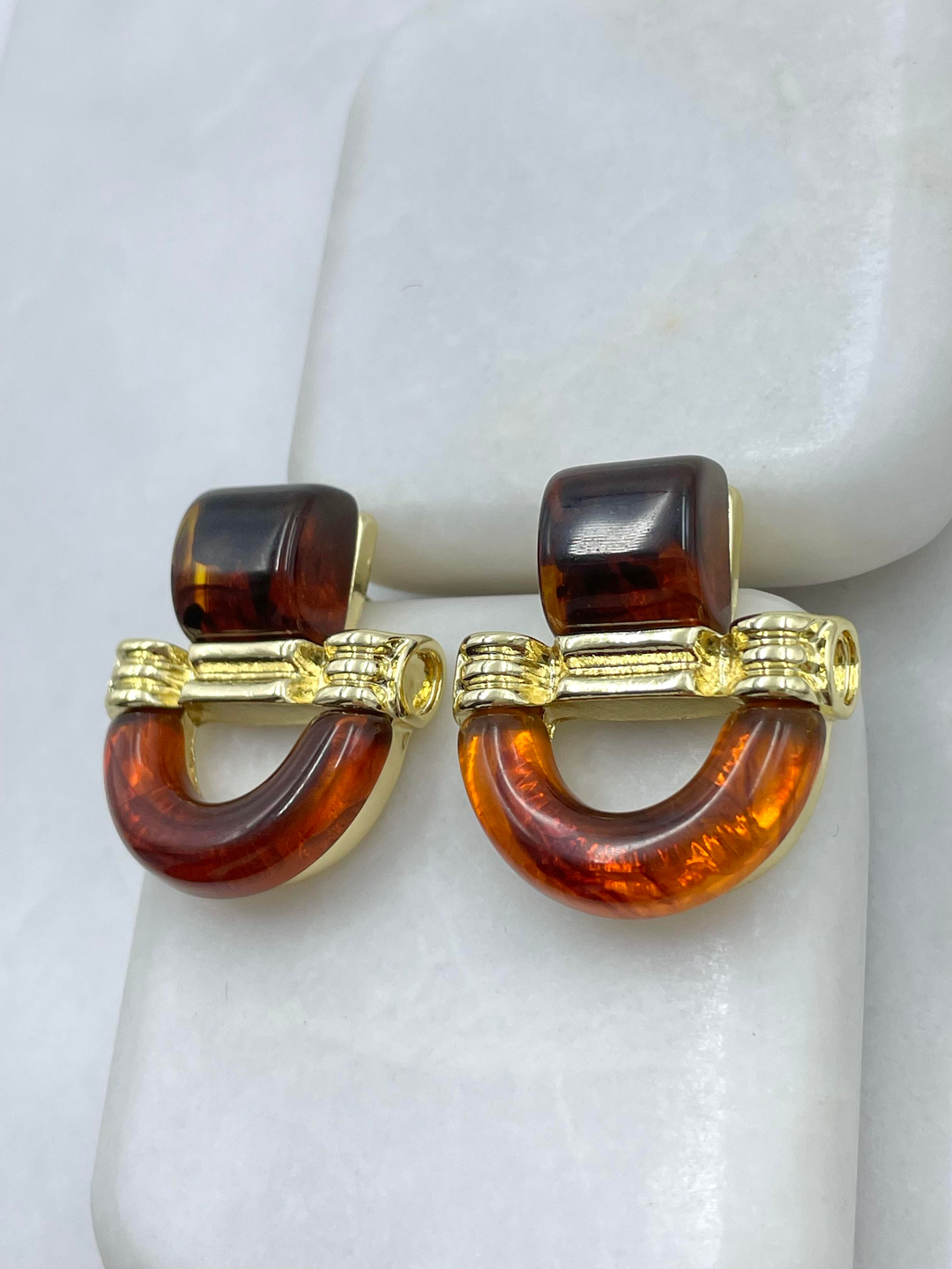 Altın Kaplama Kehribar Tasarım Küpe Gold