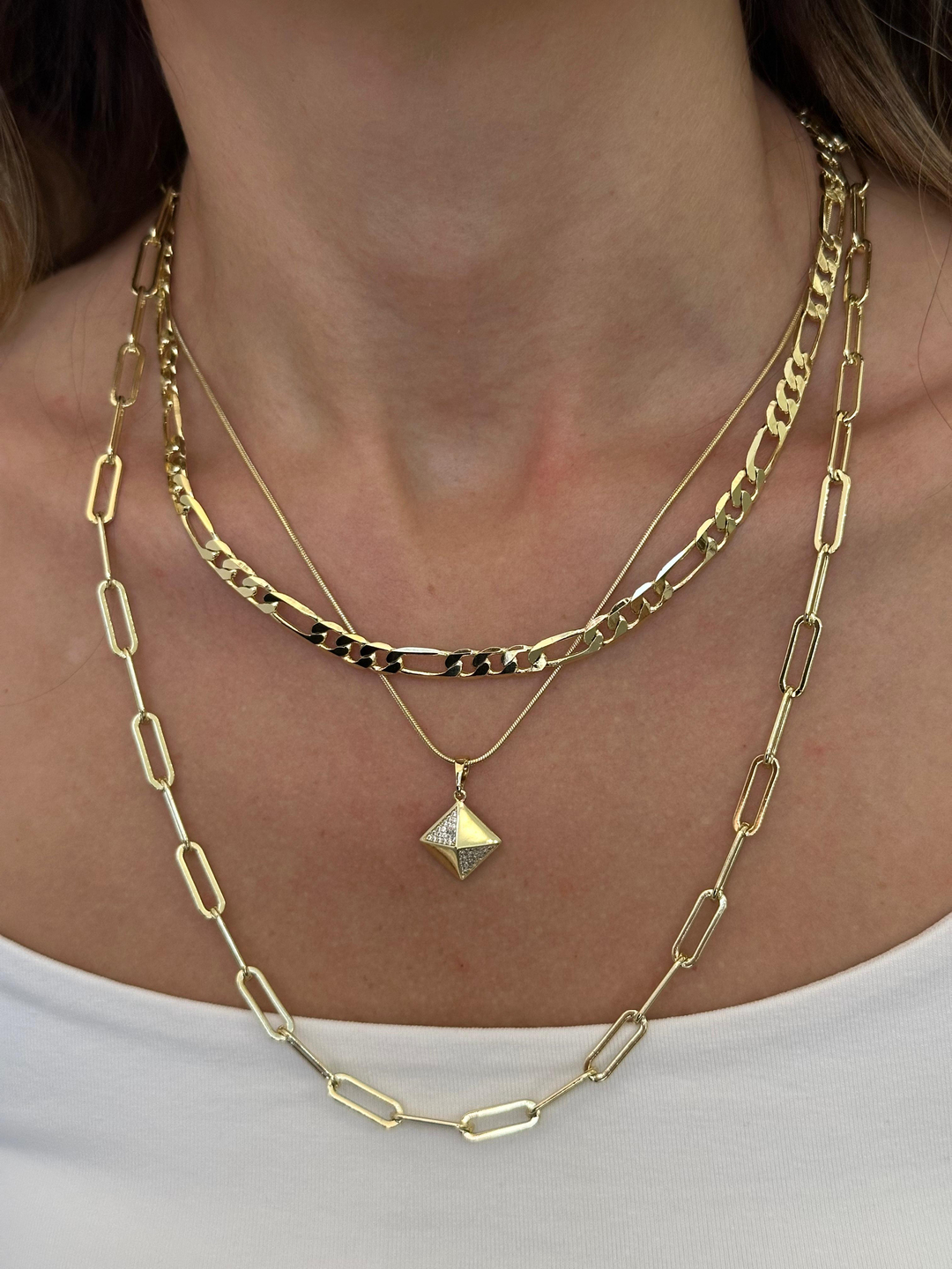 Özel Seri Kristal Taşlı Piramit Model Kolye 45 cm Gold