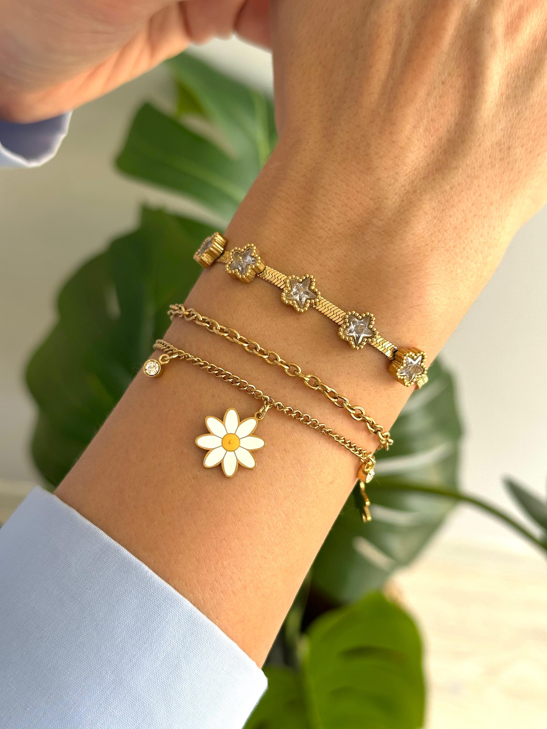 Çelik Papatya Sallantılı Çift Sıra Zincir Bileklik Gold