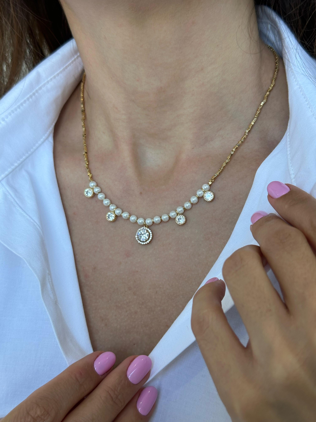 Özel Seri İncili Daire Kristal Küp Zincir Kolye Gold