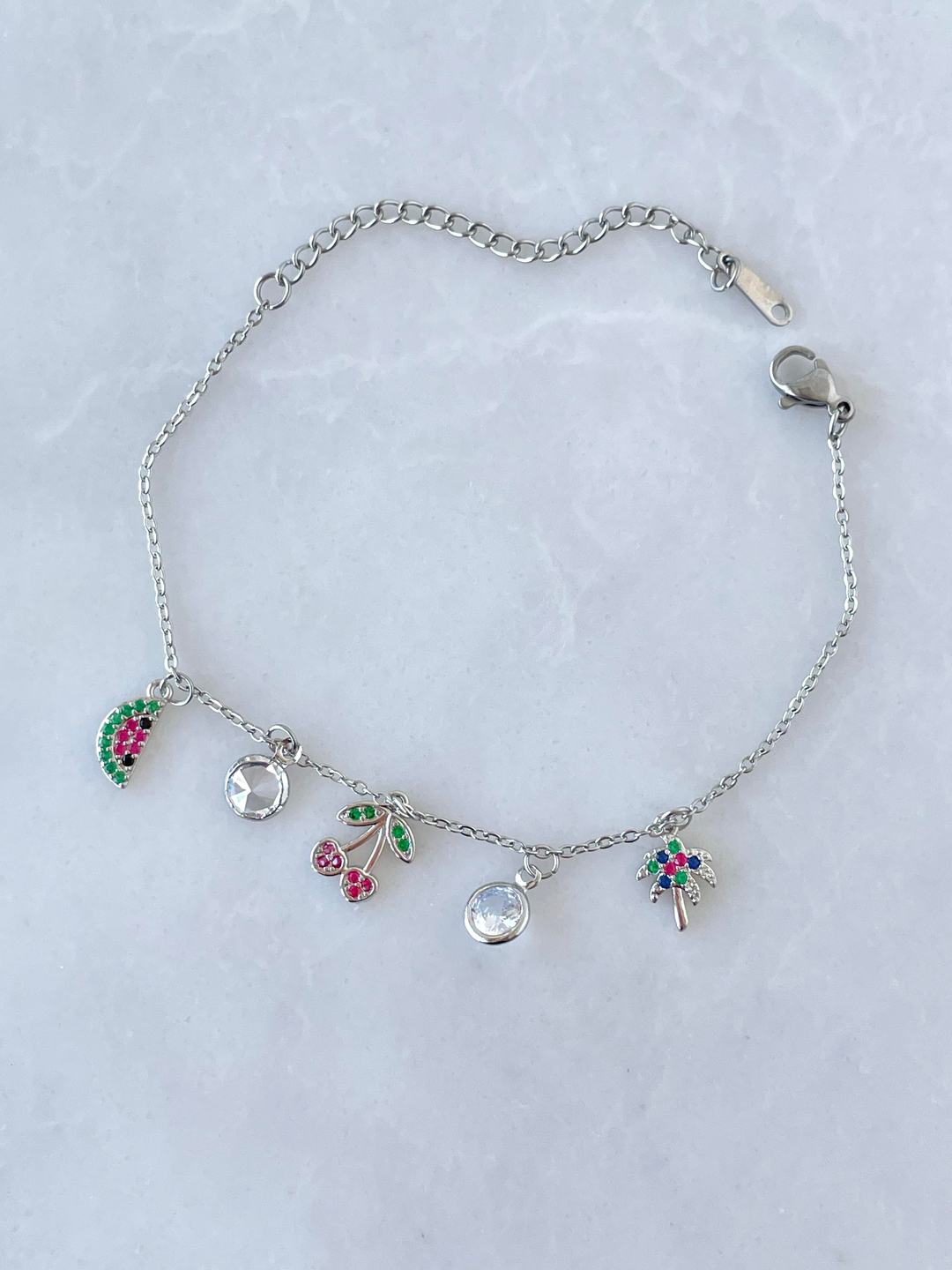 Çelik Renkli Kiraz ve Karpuz Sallantılı Bileklik Gümüş