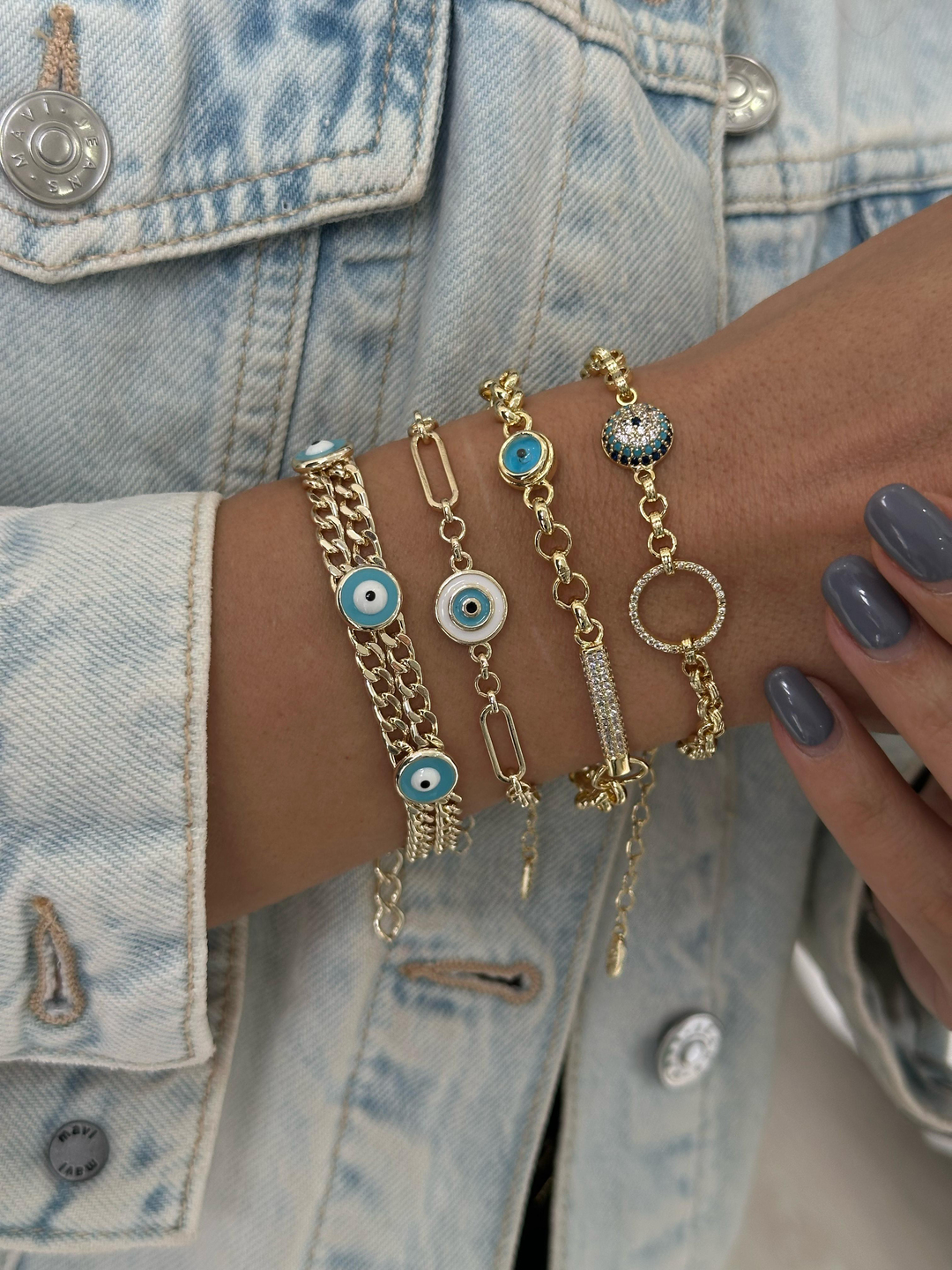 Altın Kaplama Gömme Taşlı Sütun ve Nazar Boncuklu Bileklik