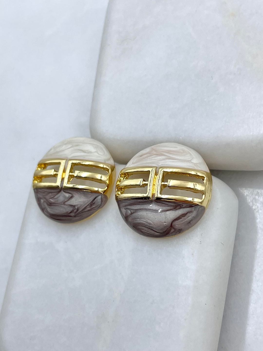 Altın Kaplama Düğme Model Epoksi Vintage Küpe Gold