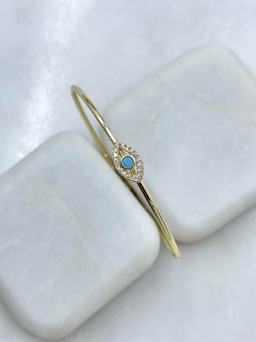 Altın Kaplama Mavi Taşlı Göz Model Kelepçe Bileklik Gold