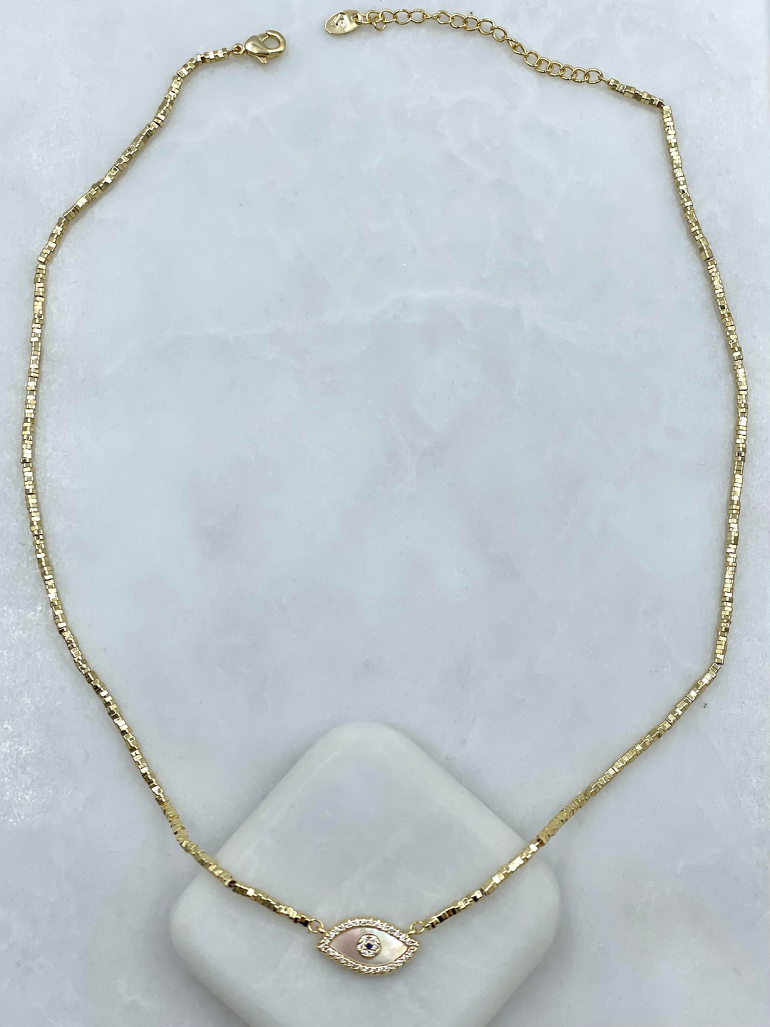 Altın Kaplama Sedefli Göz Model Küp Boncuk Kolye Gold