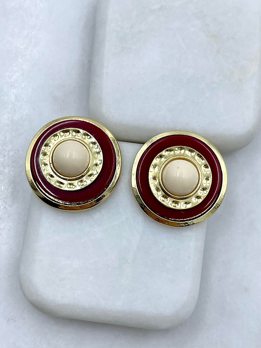 Altın Kaplama Gold Detaylı Daire Vintage Küpe Bordo