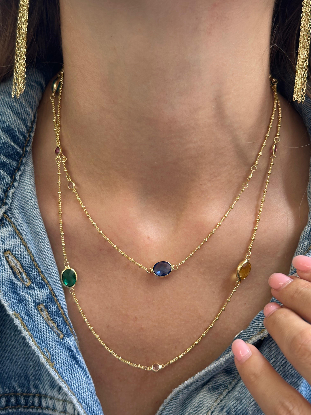 Altın Kaplama Renkli Oval Kristal Taşlı Topçuk Zincir Kolye Gold