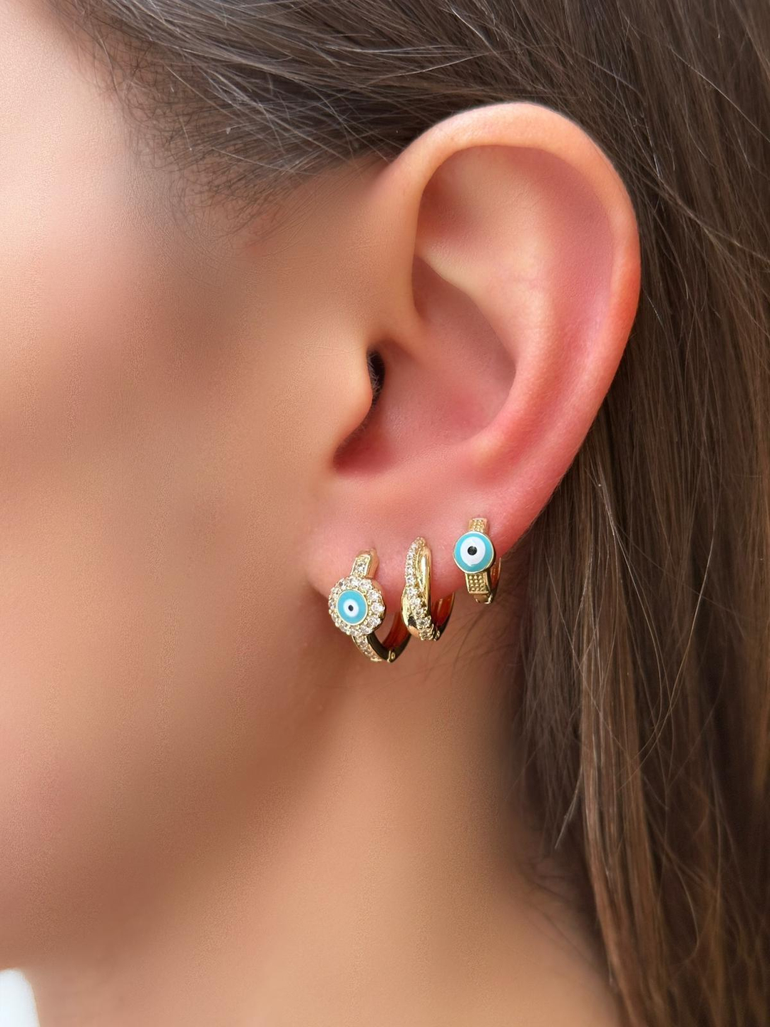 Özel Seri Kristal Taşlı Nazar Model Halka Küpe Gold