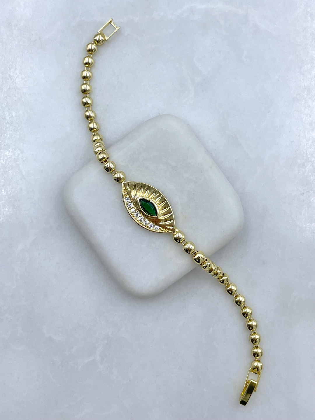 Altın Kaplama Yeşil Kristal Taşlı Göz Model Bileklik Gold