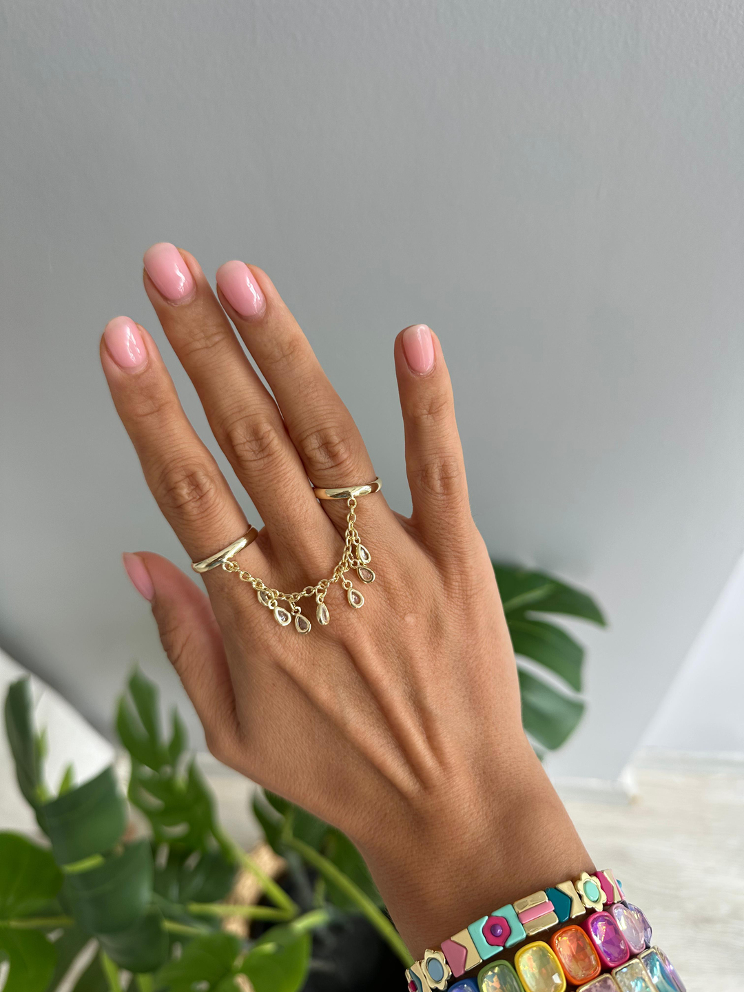 Altın Kaplama Damla Kristal Sallantılı İkili Yüzük Gold