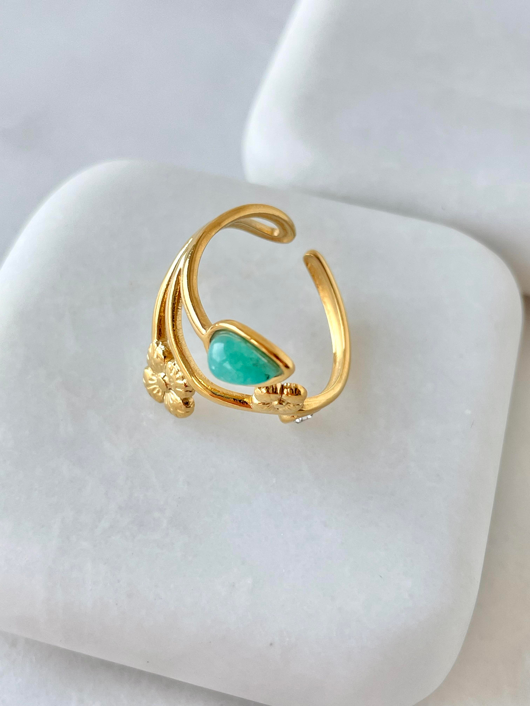 Çelik Doğal Taşlı Sarmaşık Yüzük Turkuaz Renk