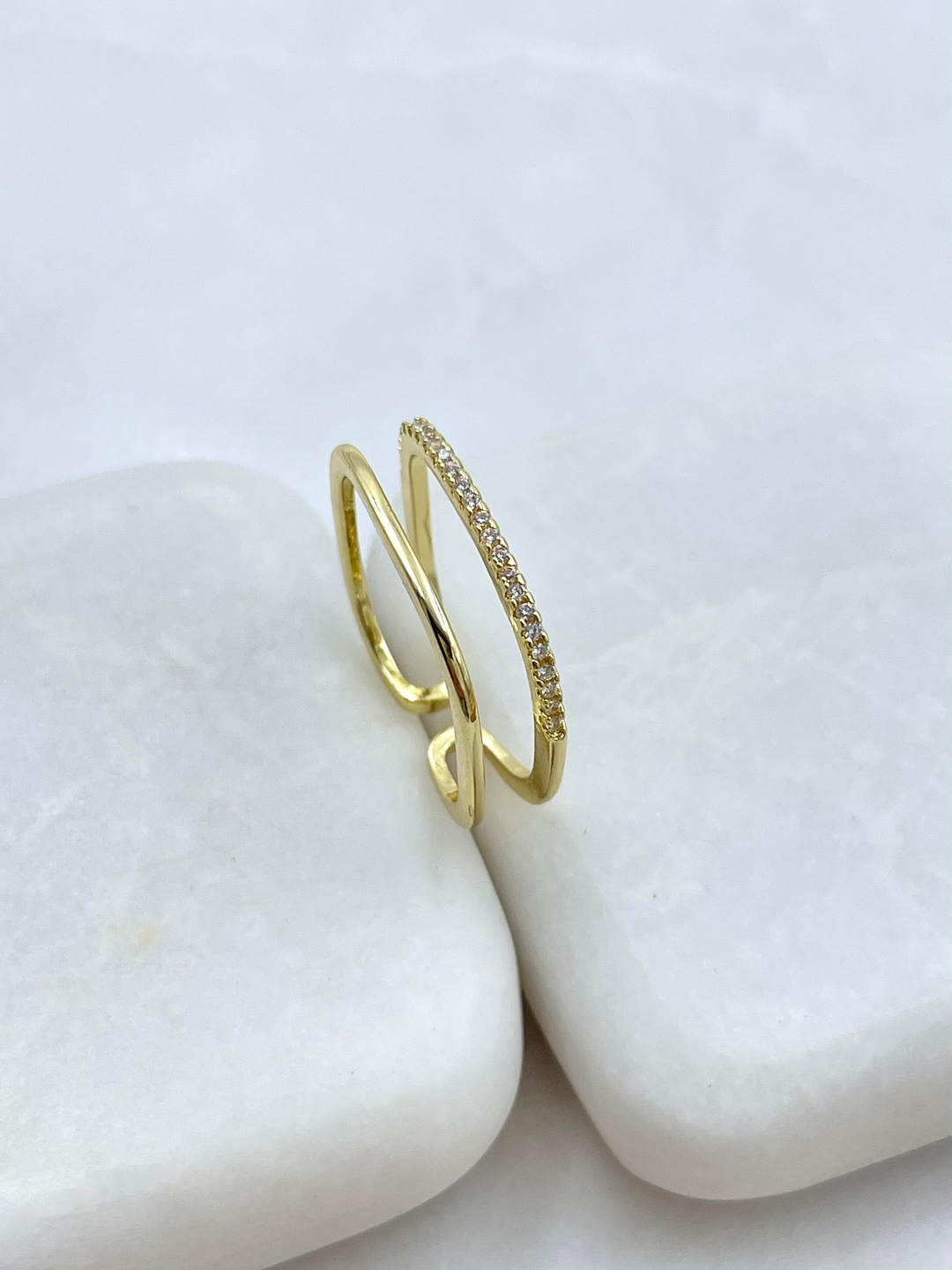 Altın Kaplama Gömme Taşlı İkili Kare Model Yüzük Gold