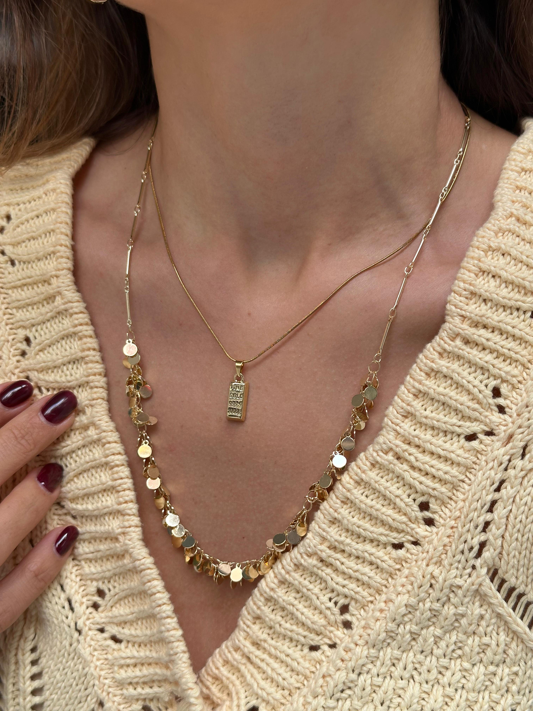 Altın Kaplama Pul Daire Sallantılı Boru Zincir Kolye 60 cm Gold