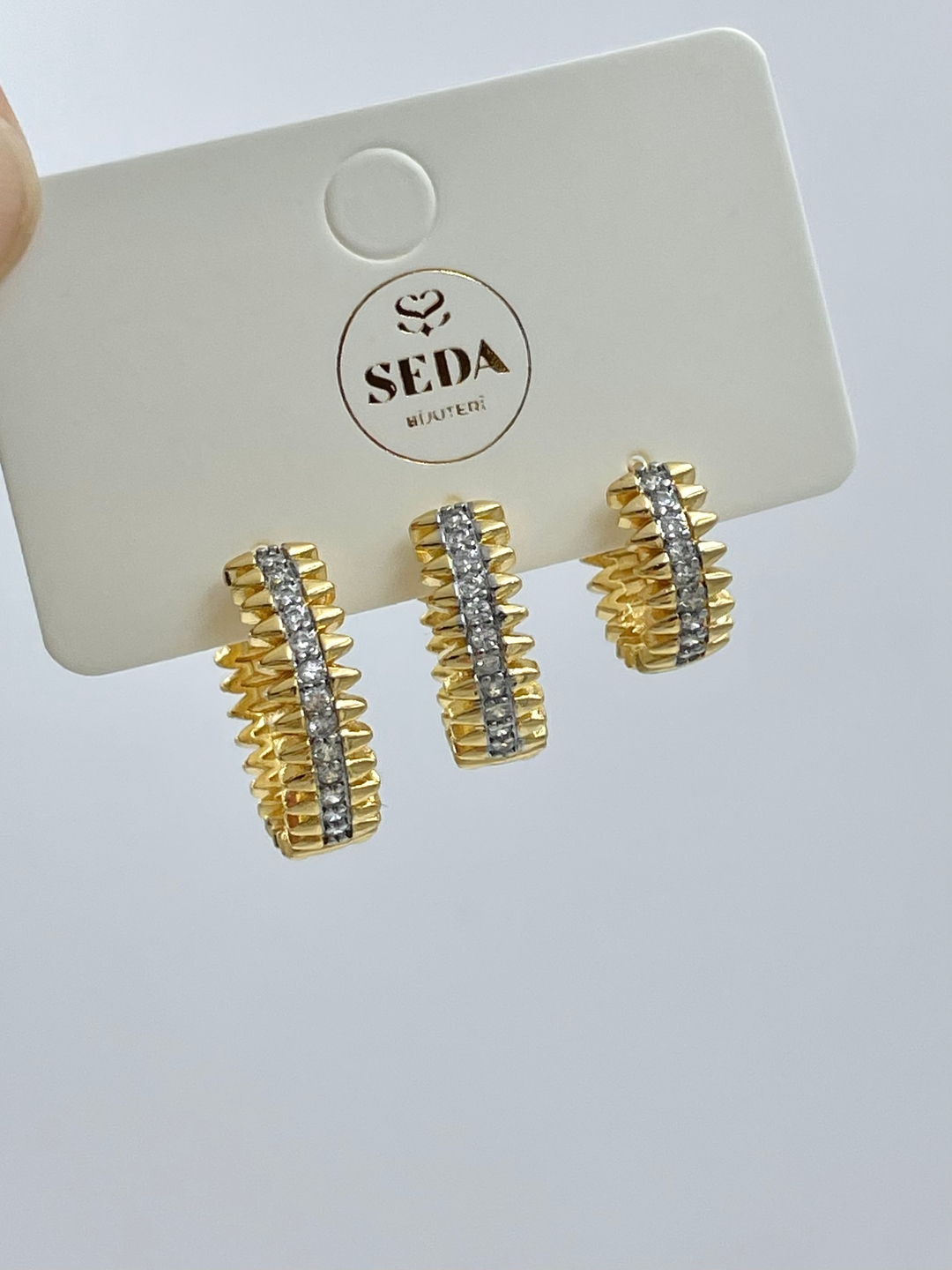 Altın Kaplama Üçlü Çift Renk Dişli Halka Set Küpe Gold