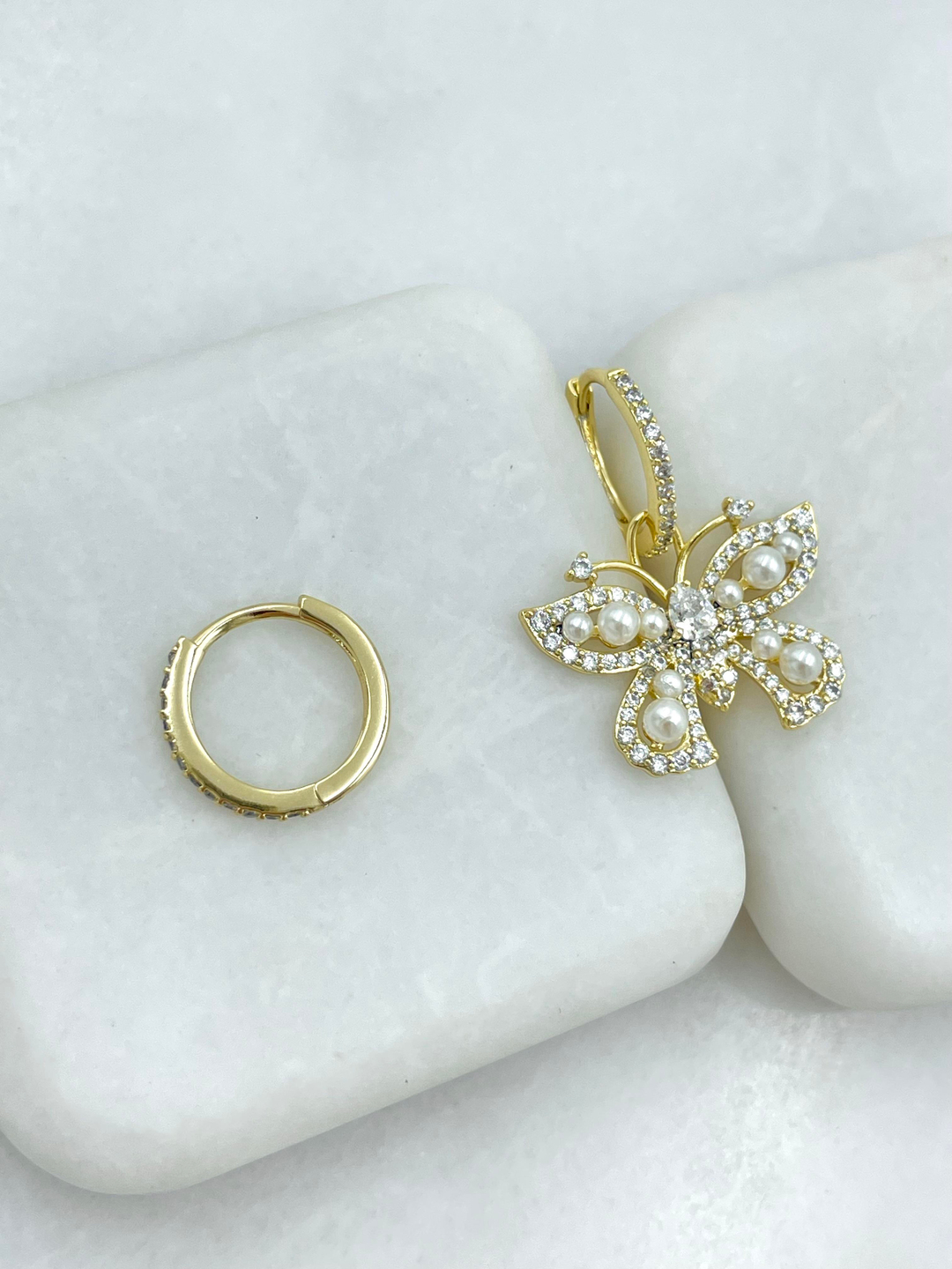 Özel Seri İncili Kelebek Sallantılı Halka Küpe Gold