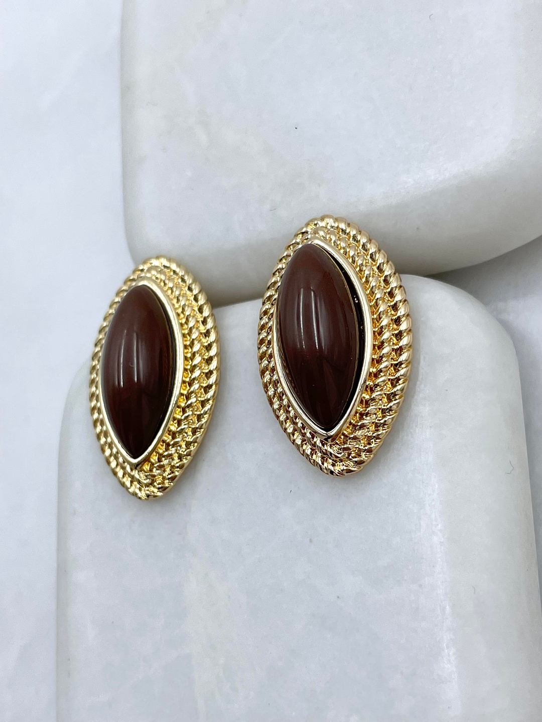 Altın Kaplama Çift Sıra Gold Burgu Detaylı Küçük Vintage Küpe Kahve